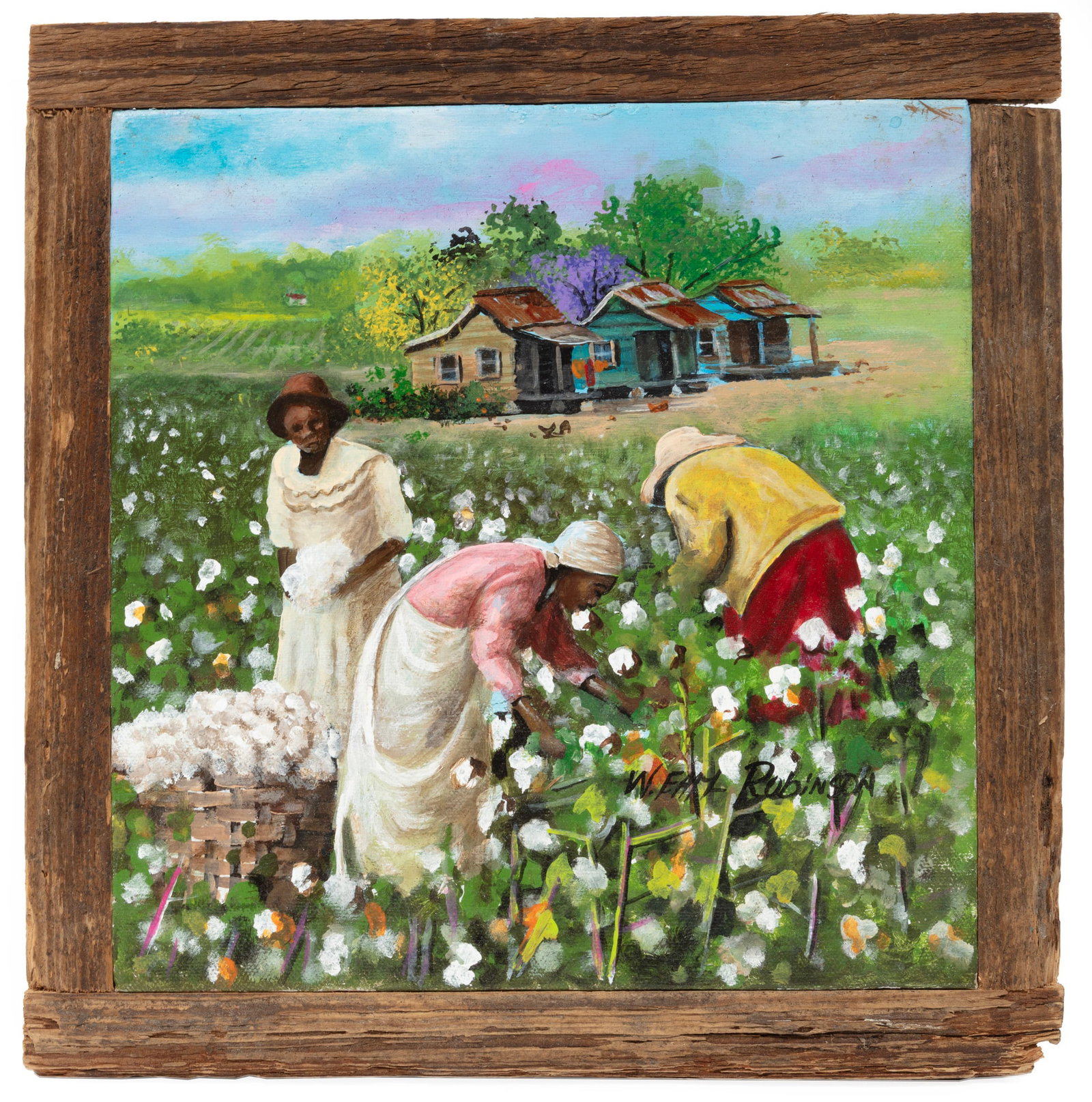Willie Earl Robinson, Picking Cotton, acrylic on canvas: Willie Earl Robinson American/Mississippi, b. 1950 ?Picking Cotton? acrylic on canvas signed lower right, framed. 9 1/2 x 9 1/4 in. (24.1 x 23.5 cm.), Frame: 11 1/4 x 11 x 3/4 in. (28.6 x 27.9 x 1.9 c
