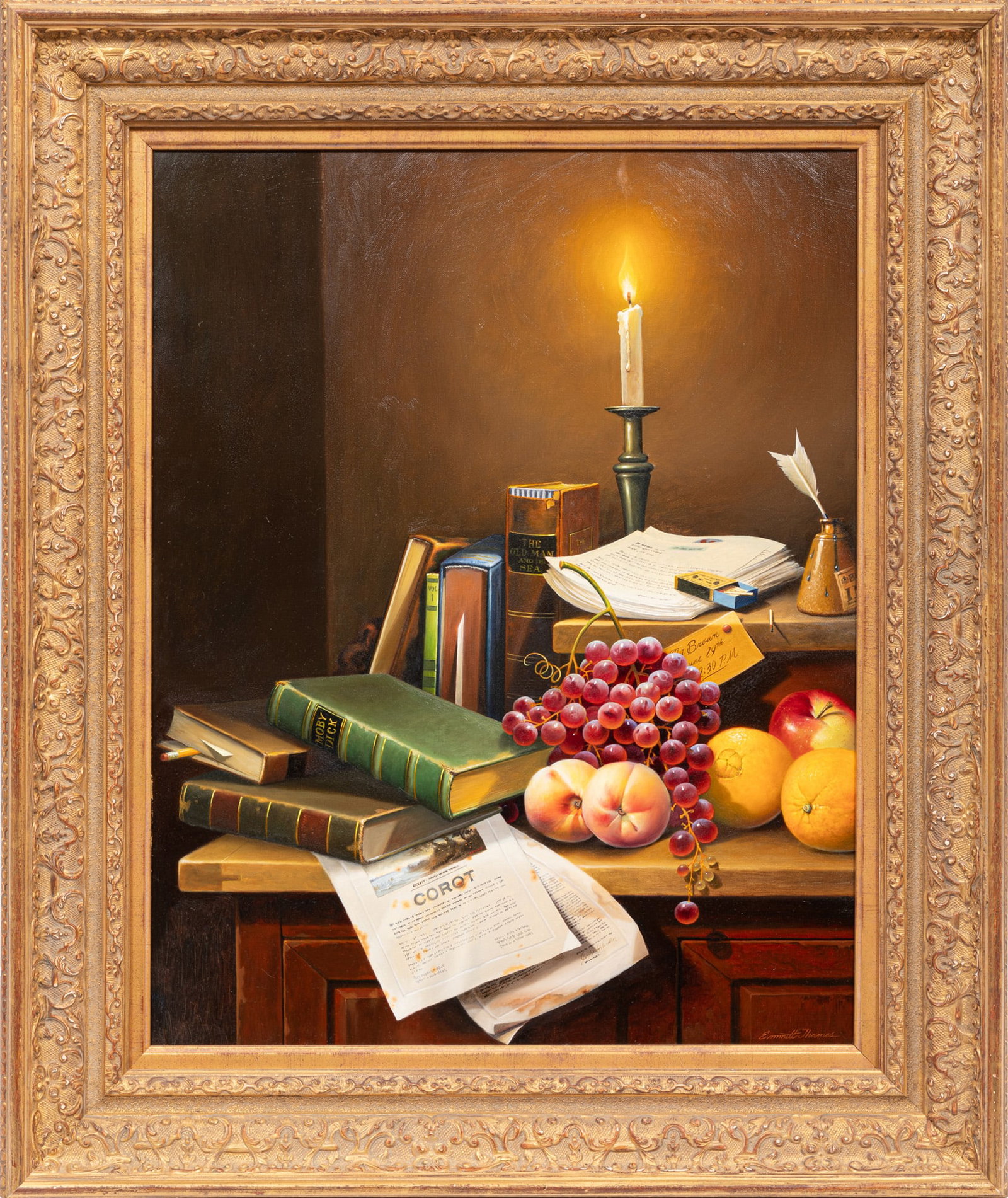 Emmitt Thames, The Study, oil on canvas: Emmitt Thames American/Mississippi, b. 1933 "The Study" oil on canvas signed lower right, framed. 28 x 22 in. (71.1 x 55.9 cm.), Frame: 36 3/8 x 30 5/8 x 3 in. (92.4 x 77.8 x 7.6 cm.)