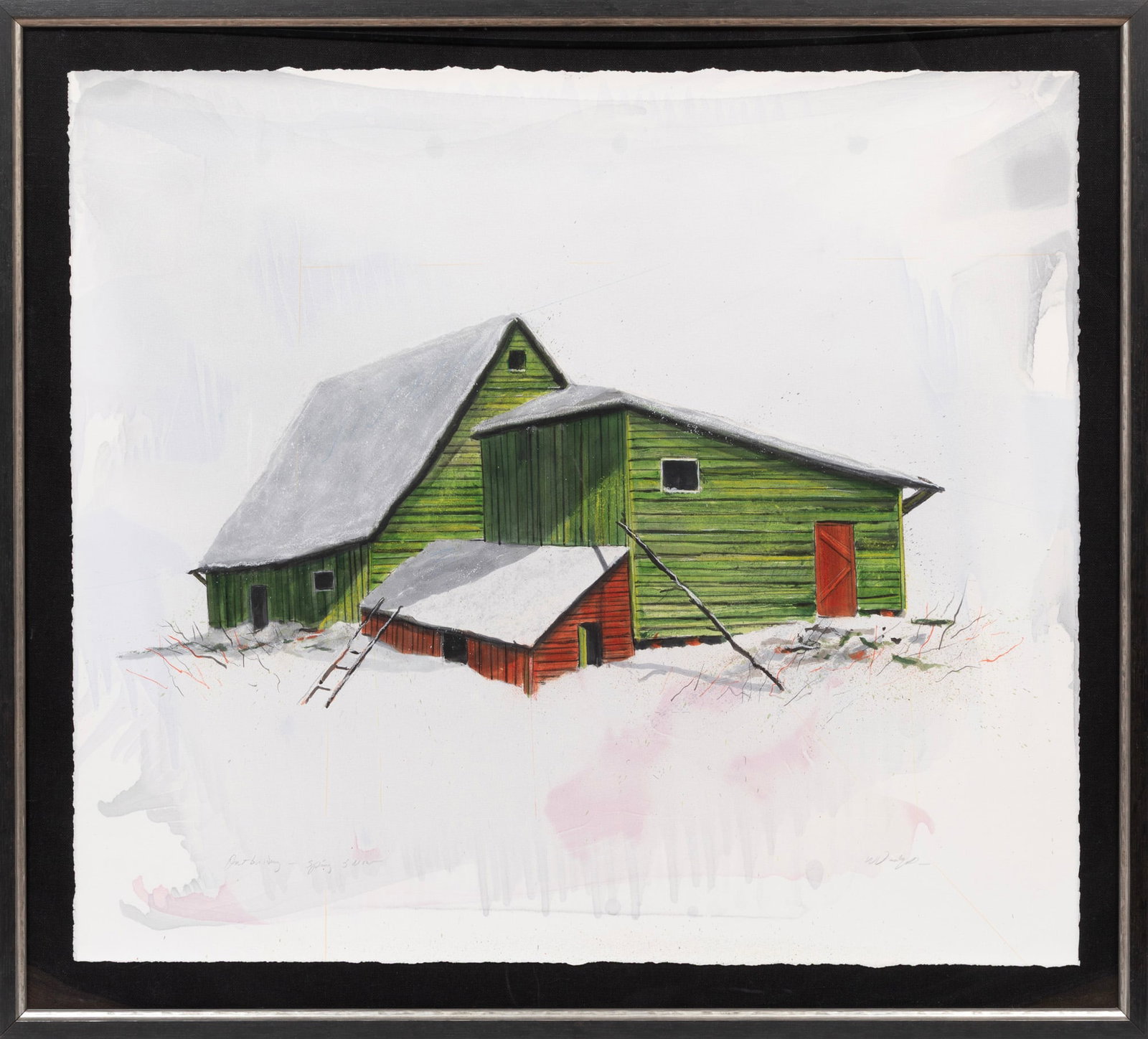 William Dunlap, Out Building - Spring, oil and mixed media on paper: William Dunlap American/Mississippi, b. 1944 ?Out Building - Spring" oil and mixed media on paper signed lower right, titled and inscribed lower left, framed. 37 1/2 x 42 1/4 in. (95.3 x 107.3 cm.), F