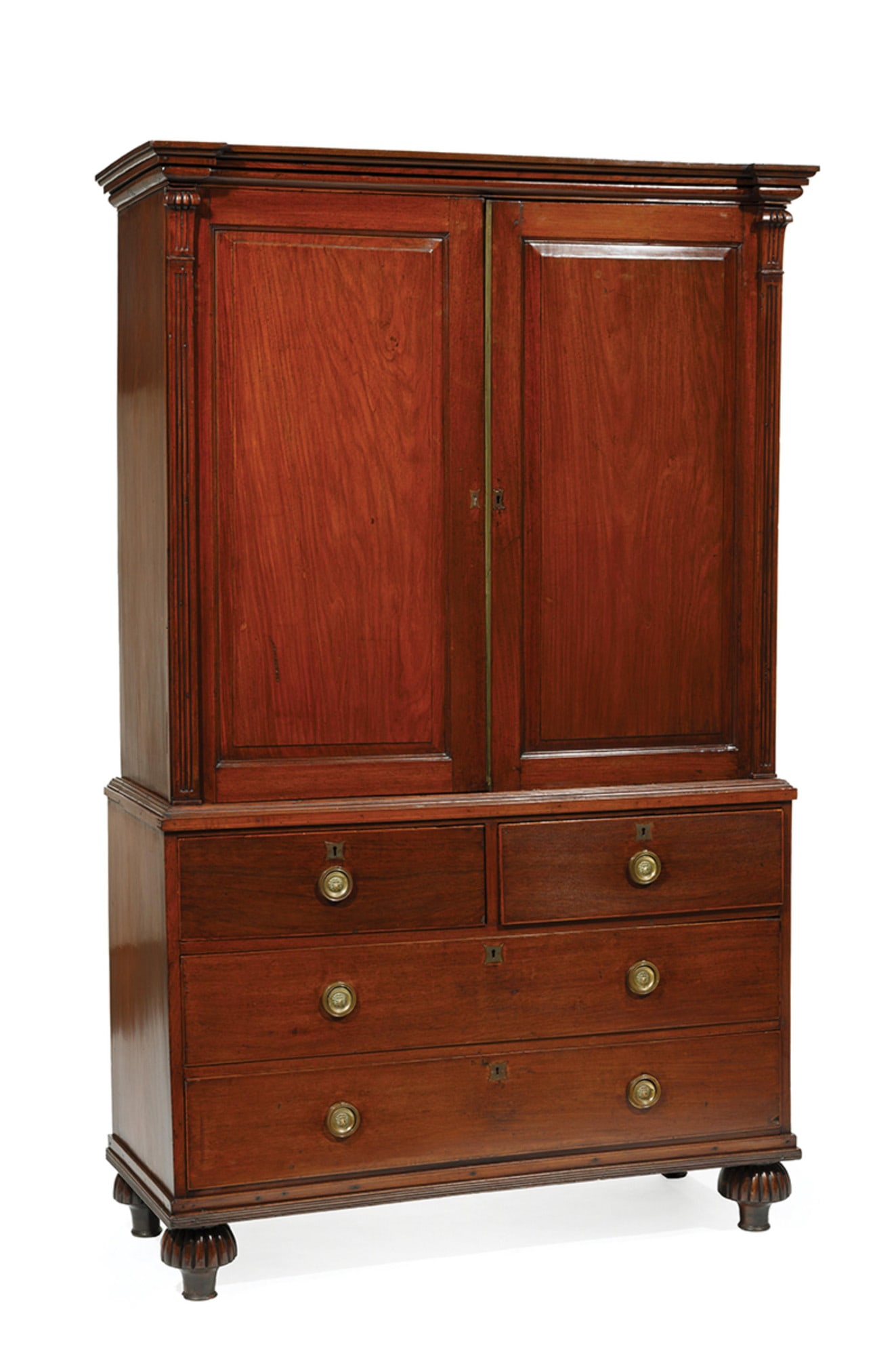19th c. Anglo-Colonial Regency Carved and String Inlaid Teak Linen Press (1 of 4)