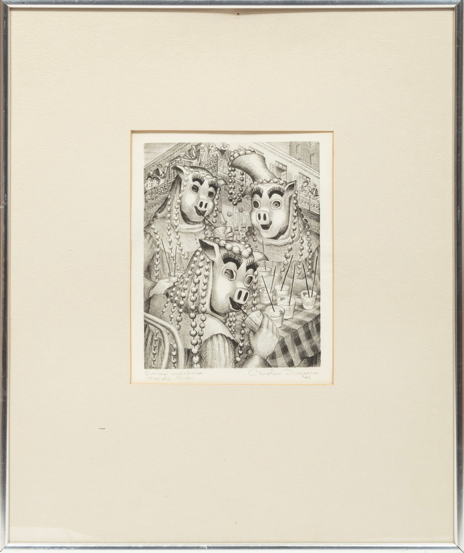 Caroline Durieux, Swine Maskers, Mardi Gras, 1946, lithograph: Caroline Wogan Durieux American/Louisiana, 1896-1989 "Swine Maskers, Mardi Gras" lithograph 1946, pencil-signed, titled and dated lower margin, framed. Image: 10 x 7 3/4 in. (25.4 x 19.7 cm.), Frame: 