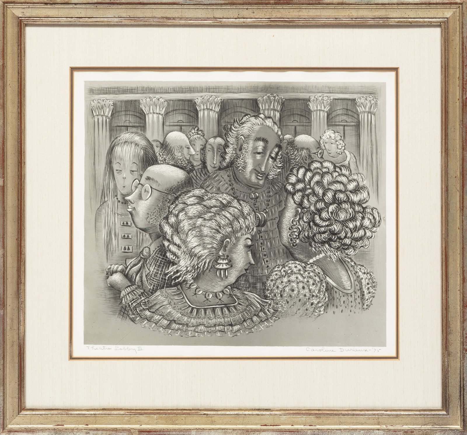 Caroline Durieux, Theatre Lobby II, cliche-verre: Caroline Wogan Durieux American/Louisiana, 1896-1989 "Theatre Lobby II" cliche-verre 1975, pencil-signed, titled and dated lower margin, artist biography on backing board, framed. Image: 13 3/4 x 15 3