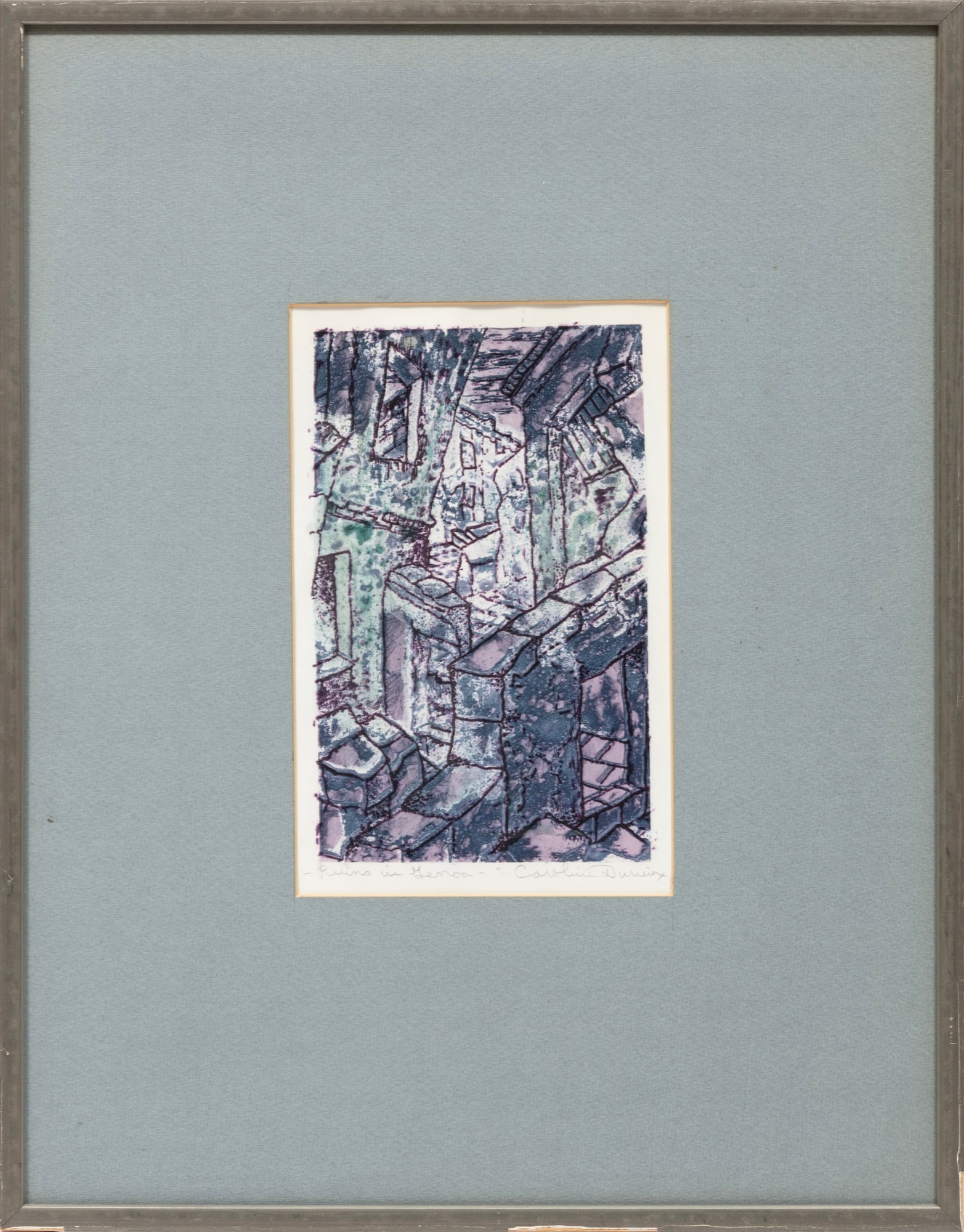 Caroline Durieux, Ruins in Genoa, color lithograph: Caroline Wogan Durieux American/Louisiana, 1896-1989 "Ruins in Genoa" color lithograph pencil-signed and titled lower margin, artist biography on backing board, framed. Image: 8 x 5 in. (20.3 x 12.7 c