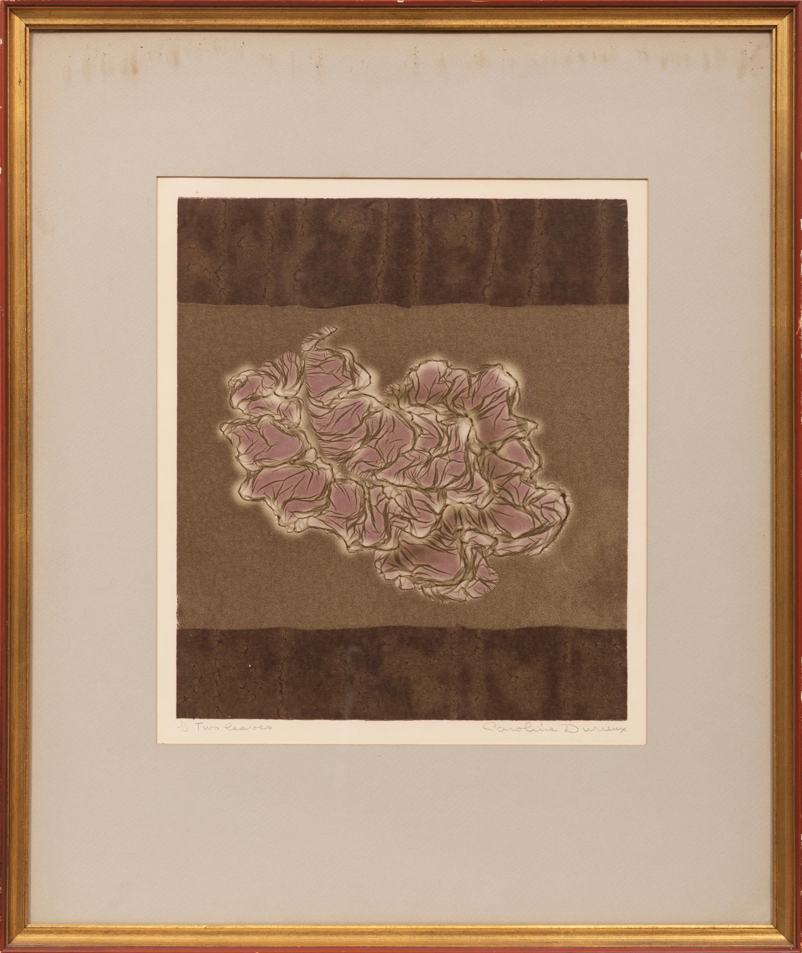 Caroline Durieux, Two Leaves, cliche-verre: Caroline Wogan Durieux American/Louisiana, 1896-1989 "Two Leaves" cliche-verre 1960, pencil-signed, titled and numbered "3/3" lower margin, inscribed with artist and title on backing board, framed. Im
