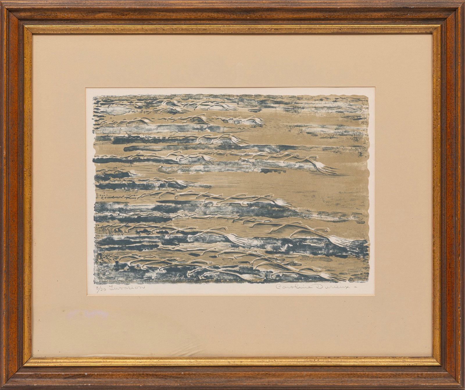 Caroline Durieux, Invasion, 1962, color lithograph: Caroline Wogan Durieux American/Louisiana, 1896-1989 "Invasion" color lithograph 1962, pencil-signed, titled and numbered "8/20" lower margin, framed. Sight: 14 1/4 x 19 3/4 in. (36.2 x 50.2 cm.), Fra