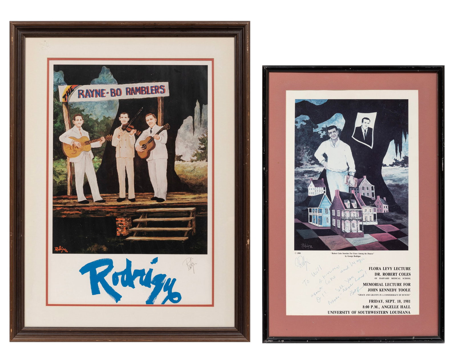 George Rodrigue, The Rayne-Bo Ramblers and Dr. Robert Coles for John Kennedy Toole, 2 lithographs: George Rodrigue American/Louisiana, 1944-2013 "The Rayne-Bo Ramblers" and "Dr. Robert Coles for John Kennedy Toole (Flora Levy Lecture Series, University of Louisiana, Lafayette)" 2 lithographs, one l