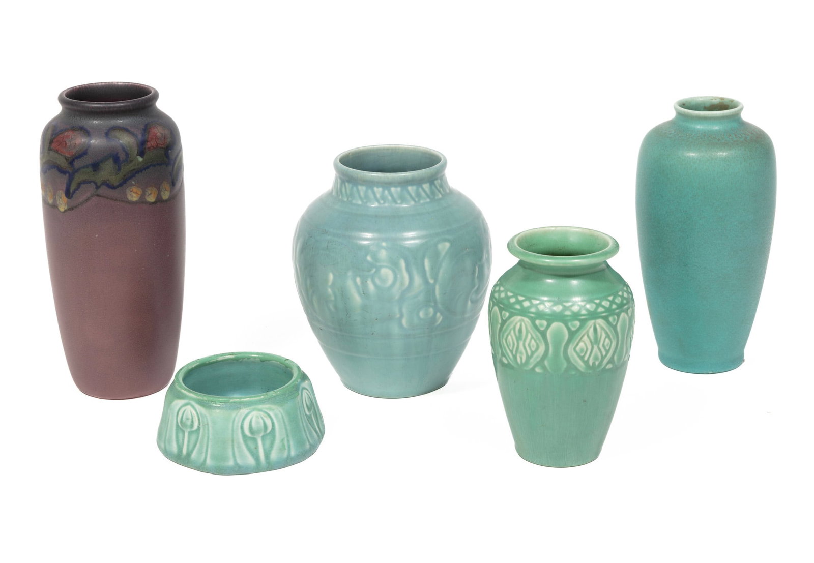 Five Antique Rookwood Art Pottery Vases: Five Rookwood Art Pottery Vases 1910, 1917, 1920, 1926, and 1927, tallest 7 1/2 in.