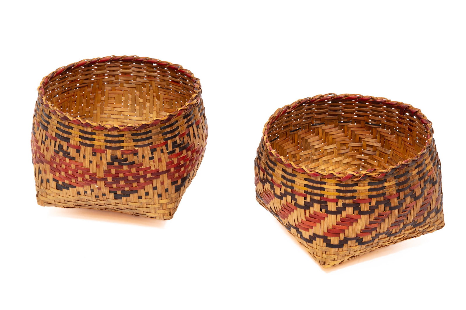 Two Chitimacha Single Weave Bowl-Shaped Baskets: Two Chitimacha Single Weave Bowl-Shaped Baskets natural, red, and black river cane; incl. "Perch" pattern. taller h. 3 1/2 in., d. 5 in., w. 5 in.; dimensions variable