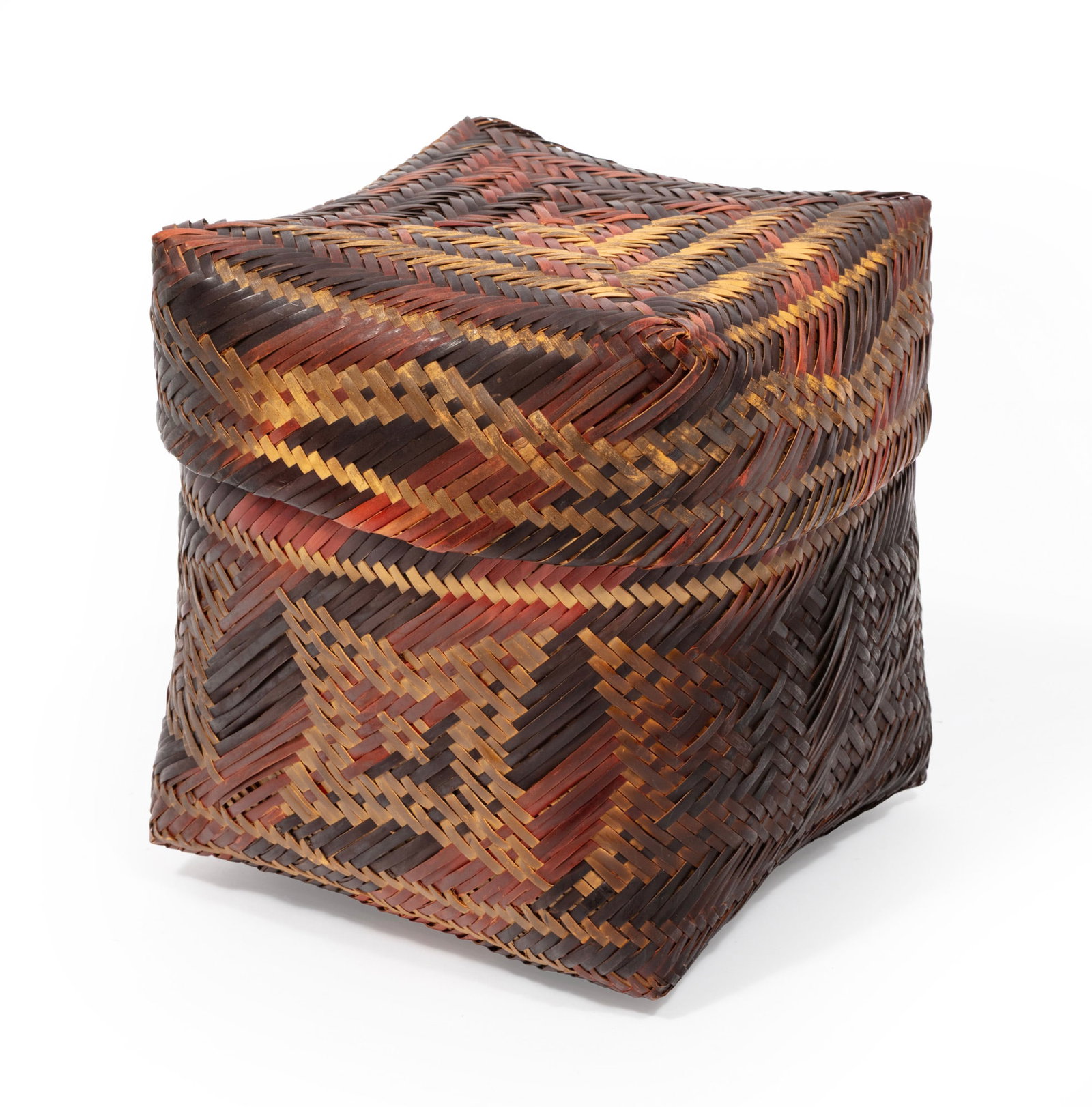 Chitimacha Double Weave Lidded Basket: Chitimacha Double Weave Lidded Basket natural and black rivercane; "Muscadine Rind" pattern. h. 7 in., w. 7 1/2 in., d. 7 in.; dimensions variable