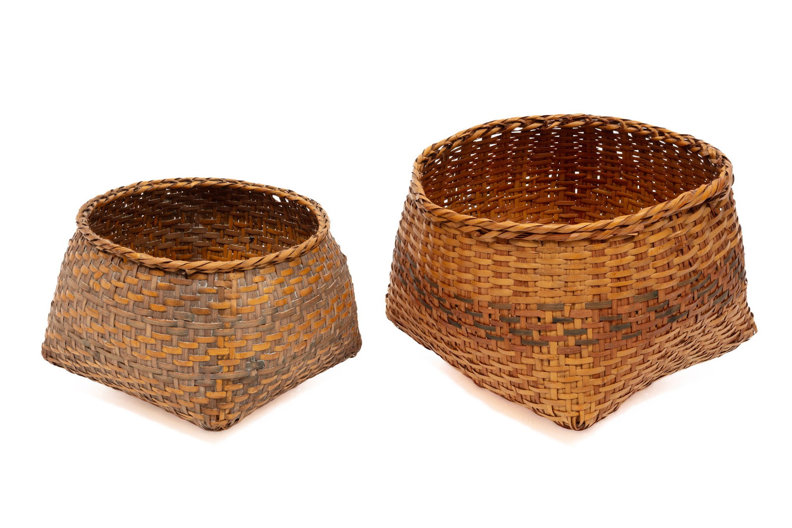Two Chitimacha Single Weave Bowl-Shaped Baskets: Two Chitimacha Single Weave Bowl-Shaped Baskets natural rivercane. larger h. 8 in., w. 10 in., d. 10 1/2 in.; dimensions variable