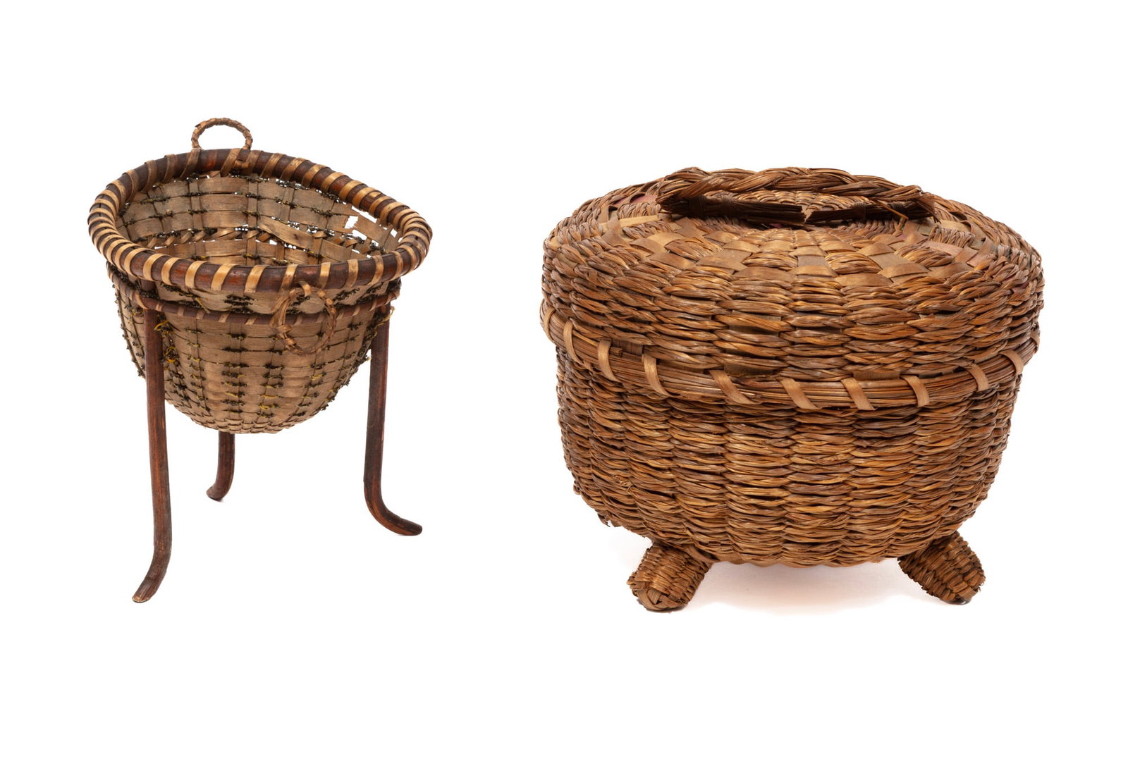 Two American Baskets: Two American Baskets larger is Wabanaki (Maine), a lidded and footed Sewing or Berry Basket, brown ash and sweetgrass larger h. 4 1/2 in., w. 5 in., d. 5 1/4 in; dimensions variable