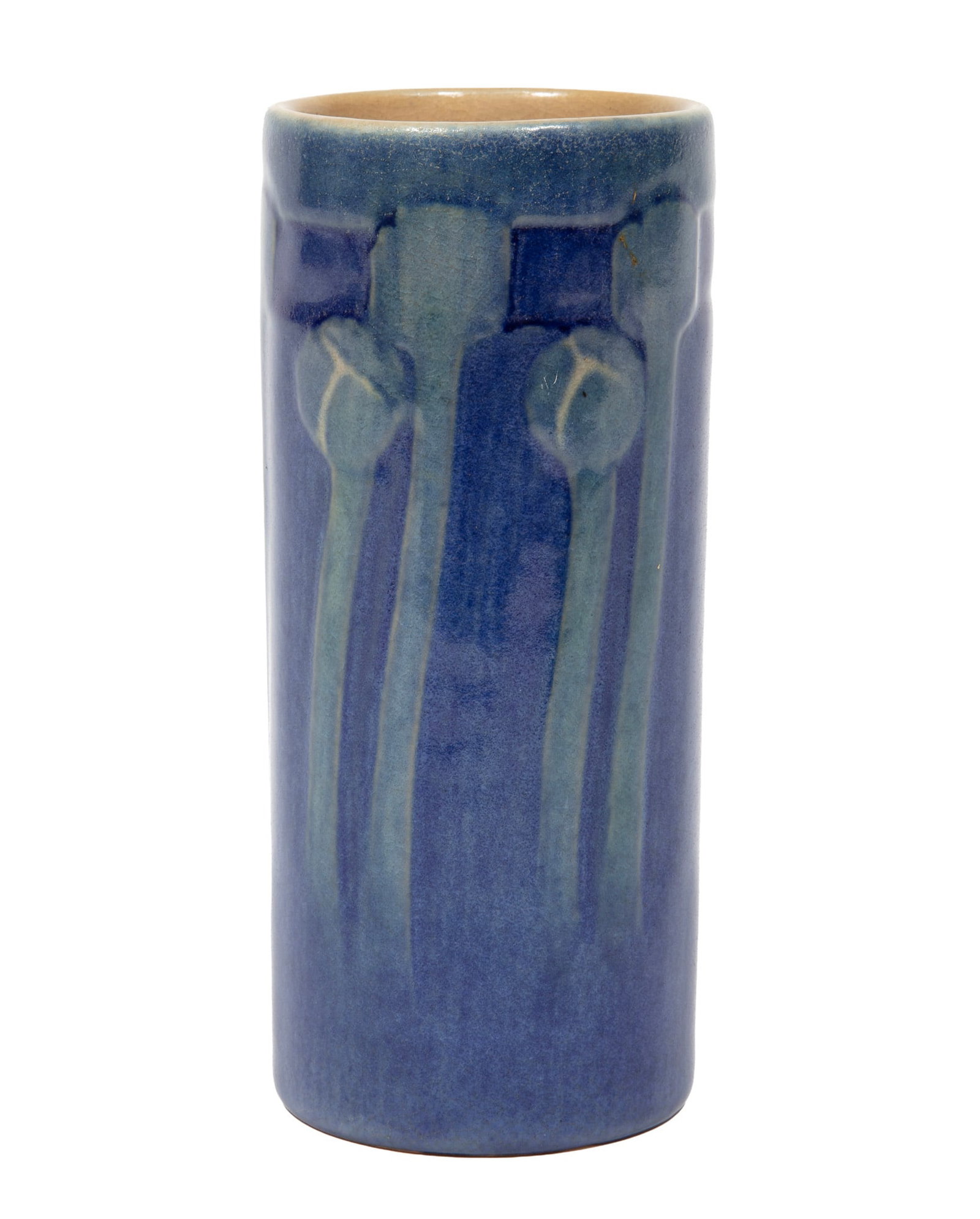 Newcomb College Art Pottery High Glaze Vase, 1925, decorated by Sadie Irvine: Newcomb College Art Pottery High Glaze Vase 1925, decorated by Sadie Irvine with floral bud designs, with Newcomb cipher, decorator's mark, Joseph Meyer's potter's mark, and reg. no. "OY86", h. 6 3/4