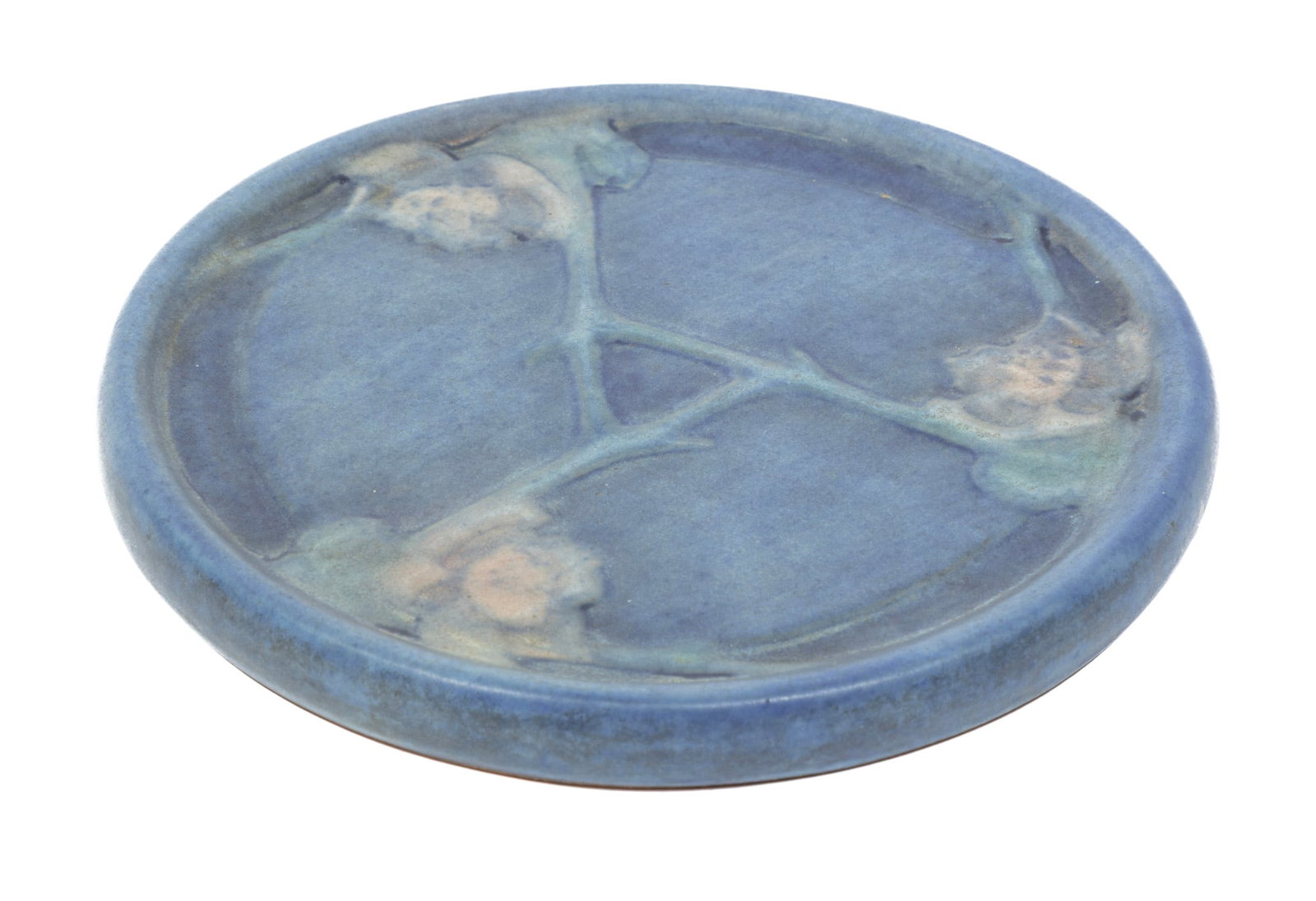 Newcomb College Art Pottery Trivet, decorated by Sadie Irvine: Newcomb College Art Pottery Trivet 1927, decorated by Sadie Irvine with floral designs, with Newcomb cipher, decorator's mark, Joseph Meyer's potter's mark, and reg. no. "QM48", dia. 5 5/8 in.