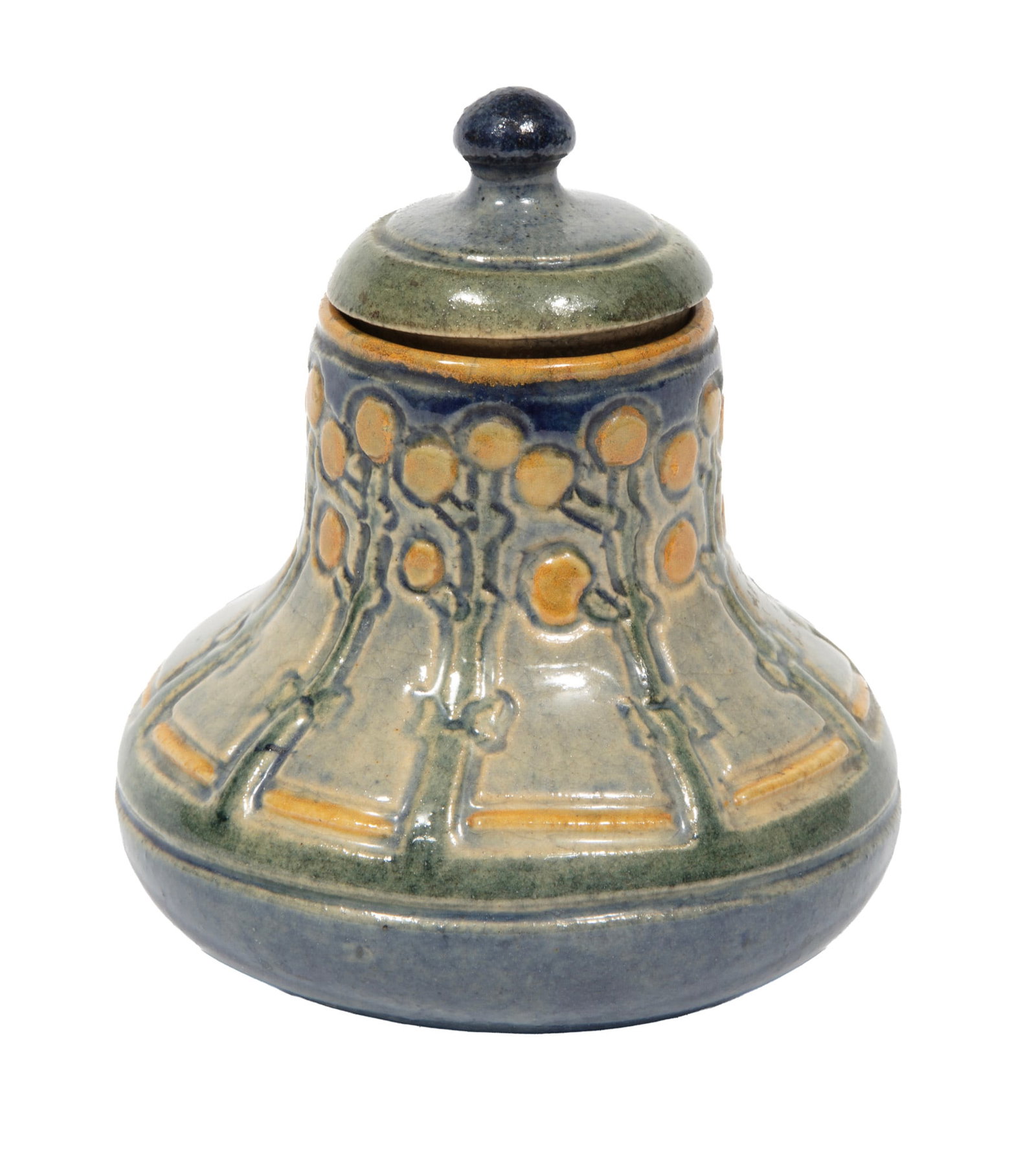 Newcomb College Art Pottery High Glaze Inkwell by Marie Levering Benson: Newcomb College Art Pottery High Glaze Inkwell 1907, decorated by Marie Levering Benson with flowering Japanese quince in geometric bands, base marked with Newcomb cipher, decorator's mark, Joseph