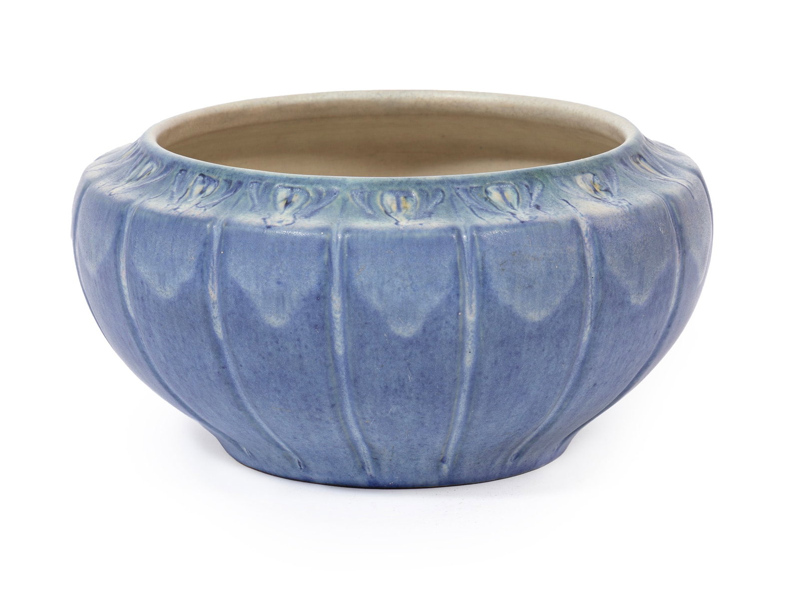 Newcomb College Art Pottery Bowl, 1932, decorated by Sadie Irvine, local provenance and exhibited: Newcomb College Art Pottery Bowl 1932, decorated by Sadie Irvine with incised irises in green, pink and blue underglaze, base marked with Newcomb cipher, decorator's mark, Jonathan Hunt's potter's