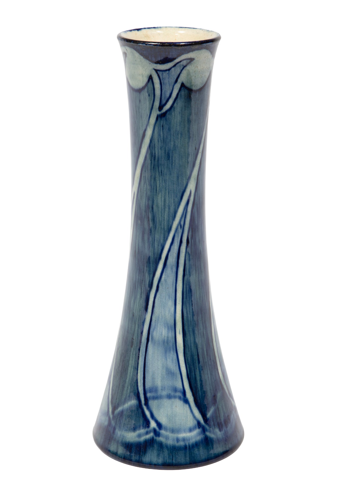 Newcomb College Art Pottery High Glaze Vase decorated by Sara Bloom Levy: Newcomb College Art Pottery High Glaze Vase 1901, decorated by Sara Bloom Levy with stylized floral design, with Newcomb cipher, decorator's mark, Joseph Meyer's potter's mark, reg. no. F18, h. 12