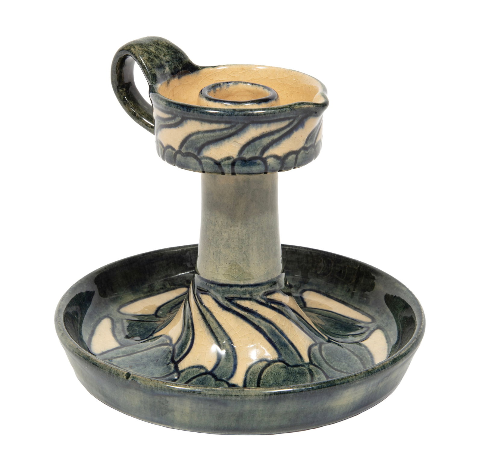 Newcomb College Art Pottery High Glaze Candlestick decorated by Sally Shepherd Holt, exhibited: Newcomb College Art Pottery High Glaze Candlestick 1903, decorated by Sally Shepherd Holt in balloon vine leaves, with Newcomb cipher, decorator's mark, Joseph Meyer's potter's mark, and reg. no.