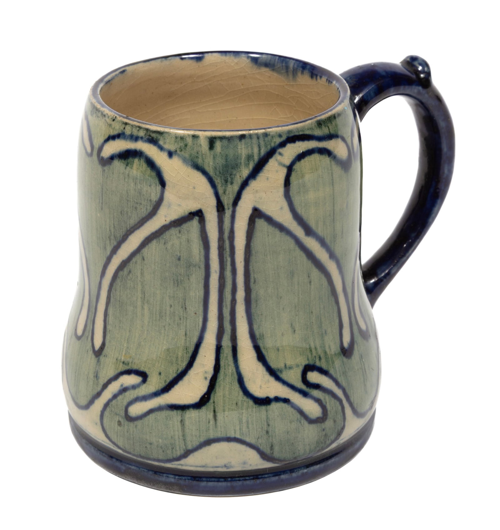 Newcomb College Art Pottery High Glaze Mug decorated by Sara Bloom Levy: Newcomb College Art Pottery High Glaze Mug 1902, decorated by Sara Bloom Levy with stylized botanical design, with Newcomb cipher, decorator's mark, Joseph Meyer's potter's mark, "Q" for buff clay