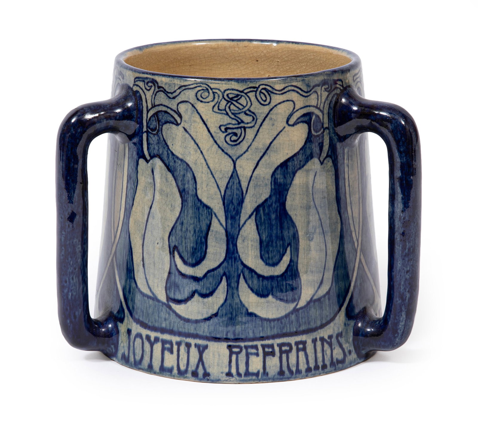 Newcomb College Art Pottery High Glaze Tyg decorated by Marie de Hoa LeBlanc: Newcomb College Art Pottery High Glaze Tyg 1901-1907, decorated by Marie de Hoa LeBlanc with cross section plant designs, the rare French text "VERSEZ LES VINS-LE VIN AMENE-JOYEUX REFRAINS" (Pour the