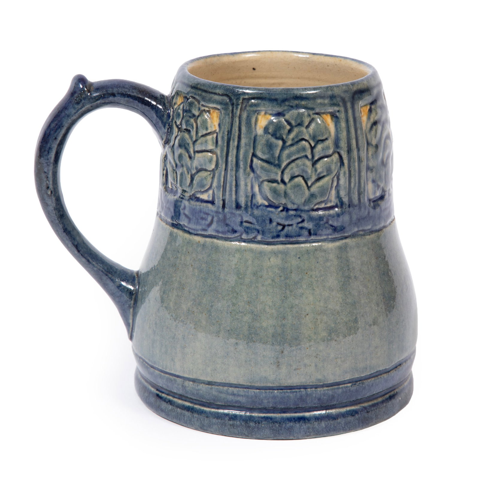Newcomb College Art Pottery High Glaze Mug decorated by Marie de Hoa LeBlanc: Newcomb College Art Pottery High Glaze Mug 1907, decorated by Marie de Hoa LeBlanc in a pinecone design, with Newcomb cipher, decorator's mark, Joseph Meyer's potter's mark, "Q" for buff clay body,