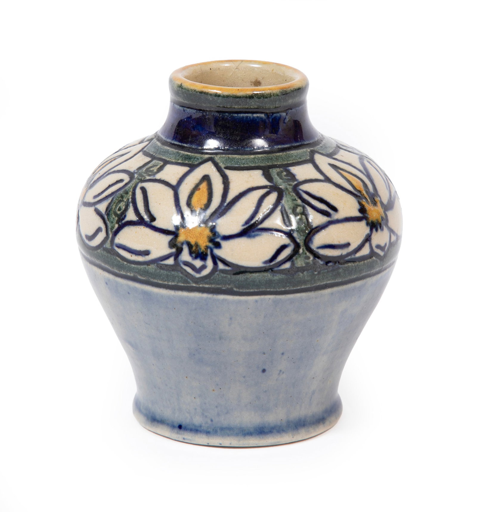 Newcomb College Art Pottery High Glaze Vase decorated by Desiree Roman: Newcomb College Art Pottery High Glaze Vase 1905, decorated by Desiree Roman, with Newcomb cipher, decorator's mark, Joseph Meyer's potter's mark, reg. no. "A010", and "Q" for buff clay body, h. 3