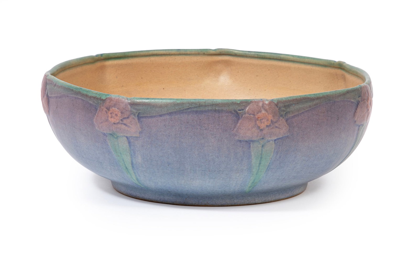 Newcomb College Art Pottery Bowl decorated by Sadie Irvine: Newcomb College Art Pottery Bowl 1922, decorated by Sadie Irvine with floral motif, molded lip, with Newcomb cipher, decorator's mark, and reg. no. MV52, h. 3 in., dia. 8 3/4 in. Provenance: