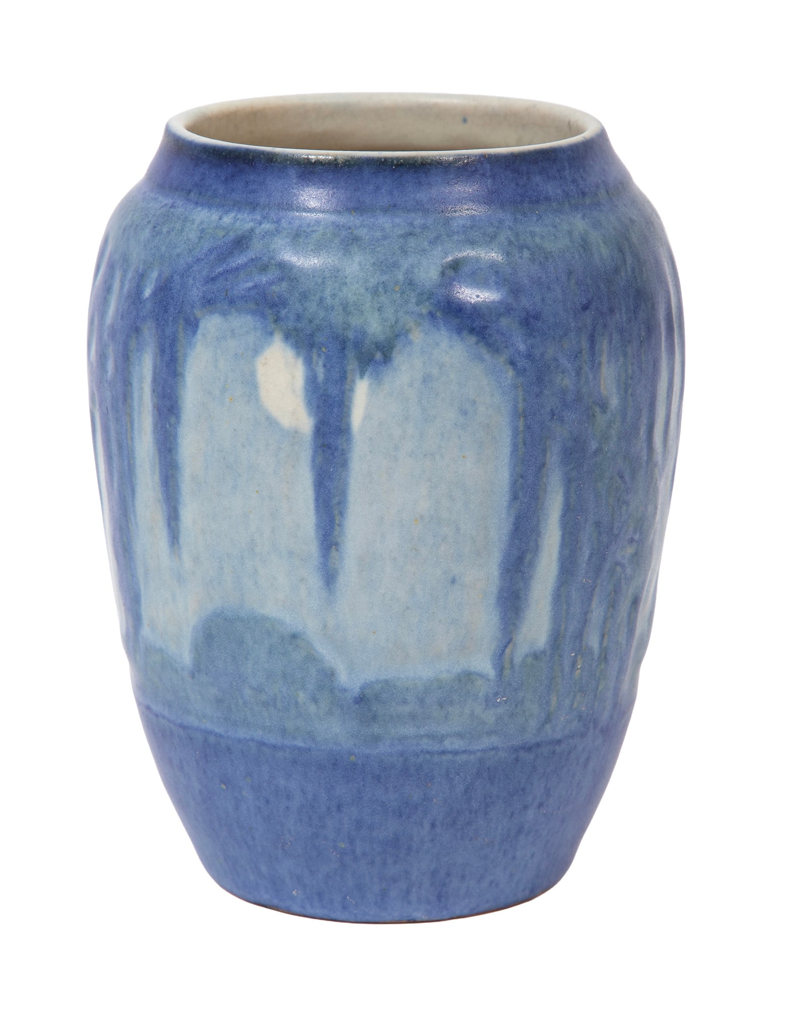Newcomb College Art Pottery Vase decorated by Sadie Irvine: Newcomb College Art Pottery Vase 1931, decorated by Sadie Irvine with relief-carved "Moon and Moss" design, with Newcomb cipher, decorator's mark, Jonathan Browne Hunt's potter's mark, and reg. no.
