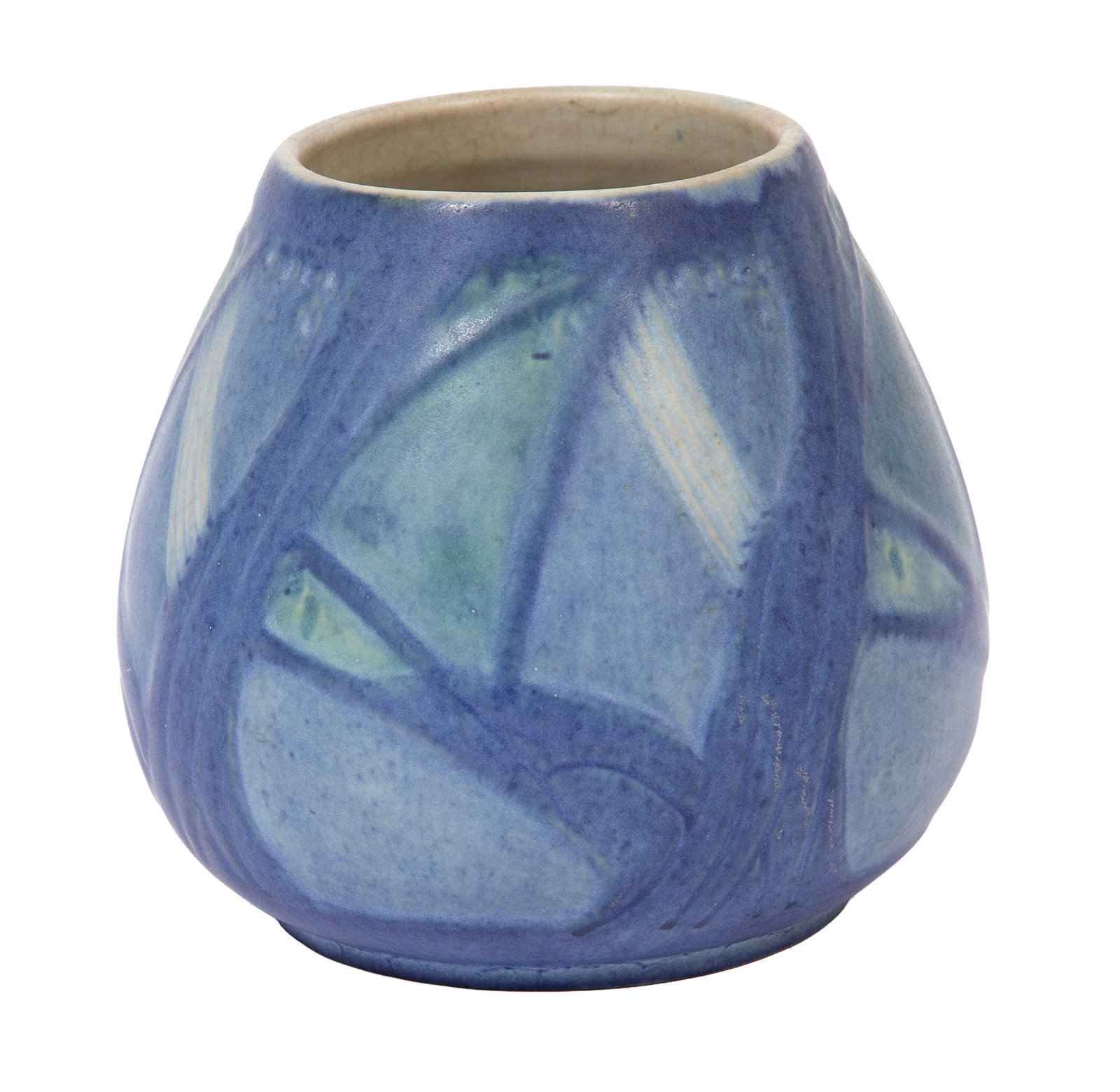 Newcomb College Art Pottery Vase attributed to Aurelia Coralie Arbo: Newcomb College Art Pottery Vase 1932, attributed to Aurelia Coralie Arbo, with Newcomb cipher, decorator's mark, Jonathan Hunt's potter's mark, "A" for white clay body, and reg. no. TM74, h. 4 in., d