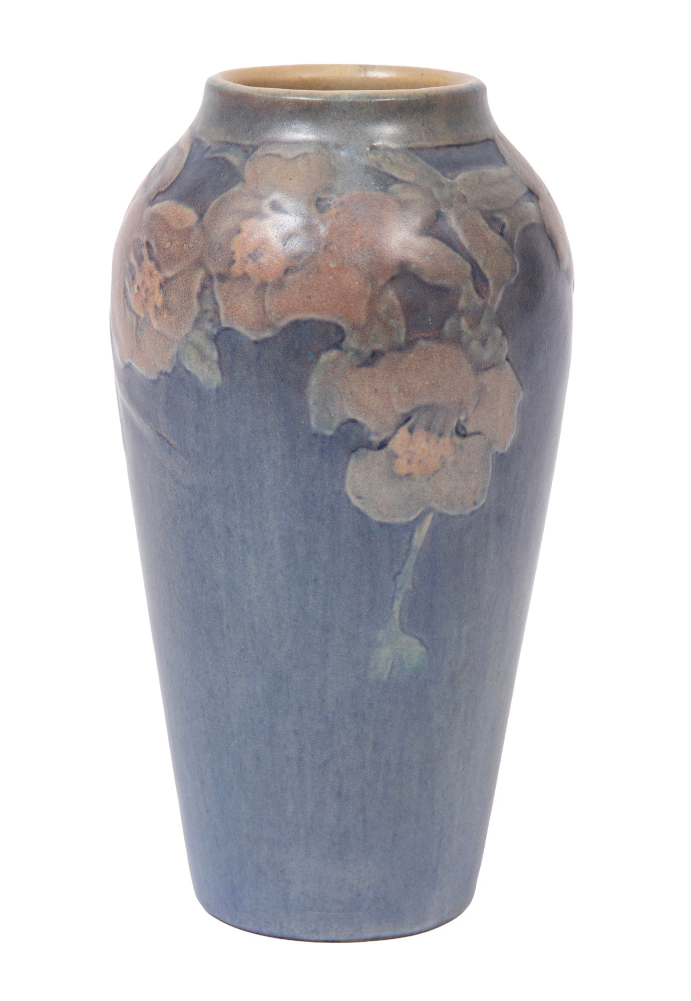 Newcomb College Art Pottery Vase decorated by Sadie Irvine: Newcomb College Art Pottery Vase 1917, decorated by Sadie Irvine, with relief-carved floral motif, with Newcomb cypher, decorator's mark, and reg. no. IP79, h. 7 1/8 in., dia. 3 3/4 in. Provenance: Je