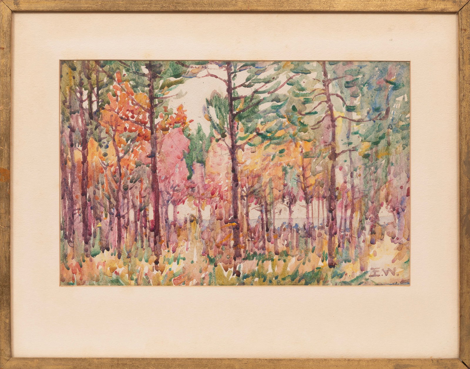 Ellsworth Woodward, Back Bay, Biloxi in Autumn, 1935, watercolor: Ellsworth Woodward American/Louisiana, 1861-1939 "Back Bay, Biloxi in Autumn" watercolor on board 1935, initialed lower right, inscribed with artist, title and date on backing board, framed. 10 1/8 x 