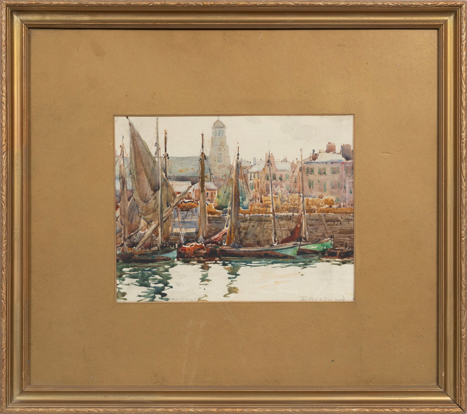 Ellsworth Woodward, Honfleur, watercolor on paper laid on board: Ellsworth Woodward American/Louisiana, 1861-1939 ?Honfleur? watercolor on paper laid on board pencil-signed lower right, pencil-titled lower left, framed. Sheet: 10 7/8 x 10 1/4 in. (27.6 x 26 cm.), F