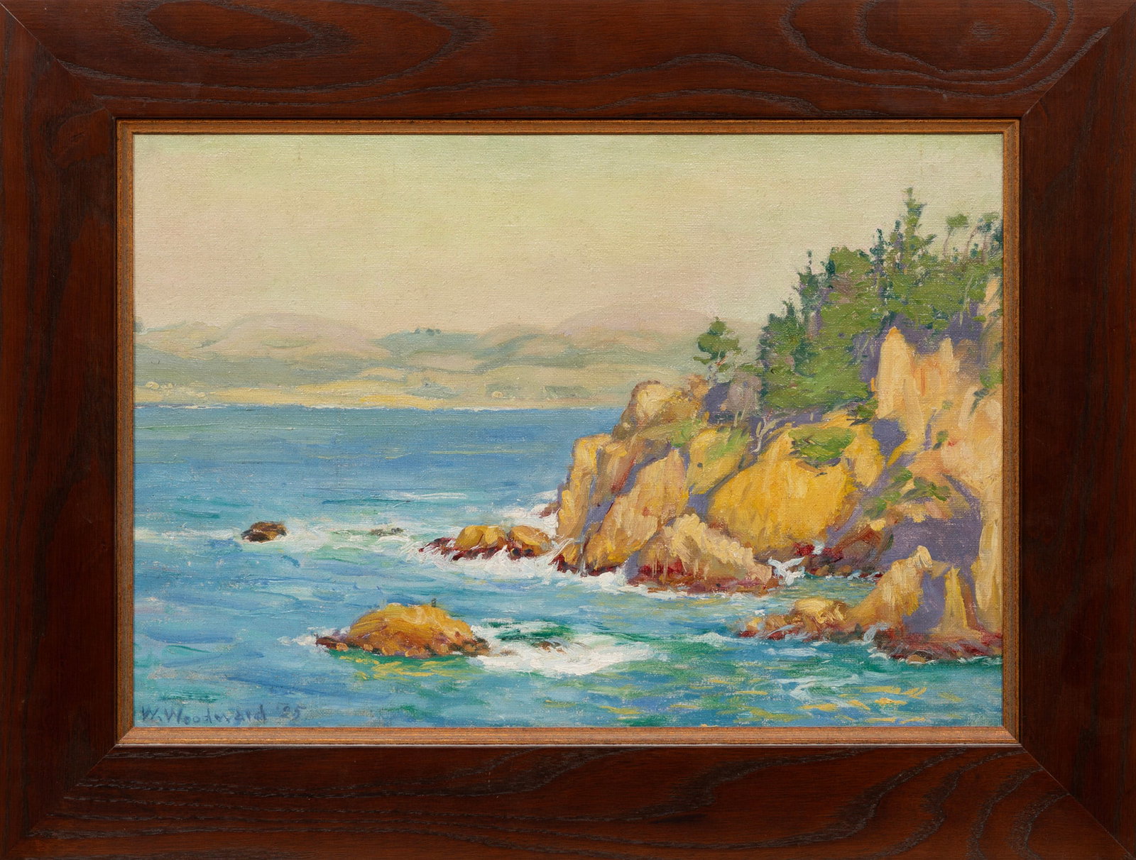 William Woodward, Sunlit Rocks Pt. Lobos, 1925, oil on canvas board: William Woodward American/Louisiana, 1859-1939 "Sunlit Rocks Pt. Lobos" oil on canvas board 1925, signed and dated lower left, signed and titled en verso, framed. 13 1/2 x 19 3/4 in. (34.3 x 50.2 cm.)