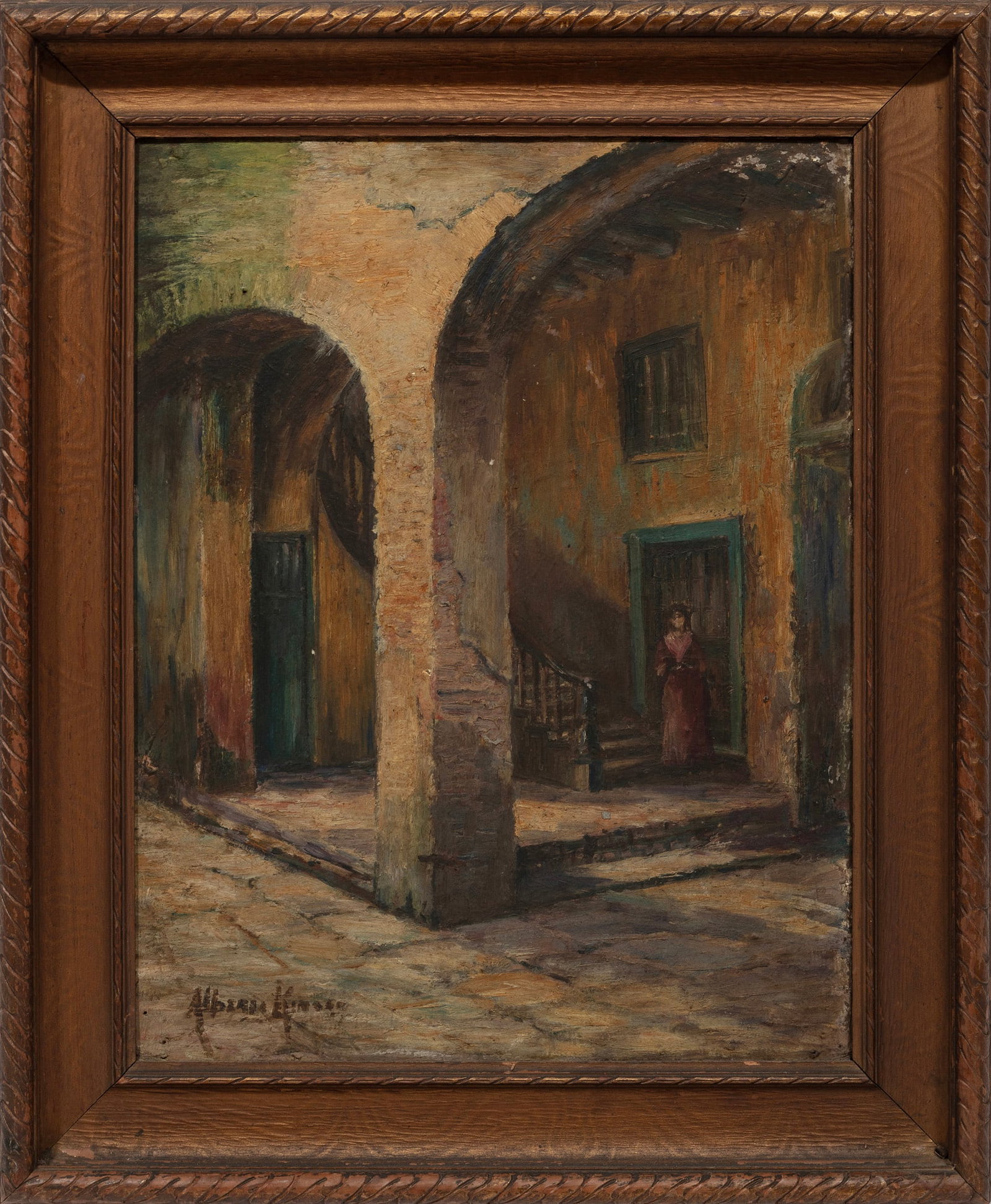Alberta Kinsey, French Quarter Courtyard, oil on canvas: Alberta Kinsey American/Louisiana, 1875-1952 "French Quarter Courtyard" oil on canvas signed lower left, framed. 20 1/2 x 16 in. (52.1 x 40.6 cm.), Frame: 26 1/4 x 21 3/4 x 1 in. (66.7 x 55.2 x 2.5 cm