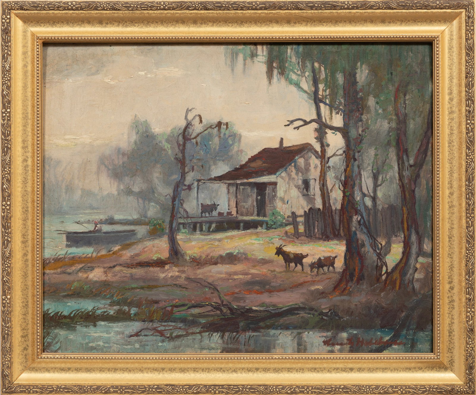Knute Heldner, Cabin and Goats, oil on canvas board: Knute Heldner Swedish/Louisiana, 1877-1952 ?Cabin and Goats? oil on canvas board signed lower right, signed and titled en verso, framed. 15 3/4 x 19 7/8 in. (40 x 50.5 cm.), Frame: 19 1/2 x 23 3/4 x 1
