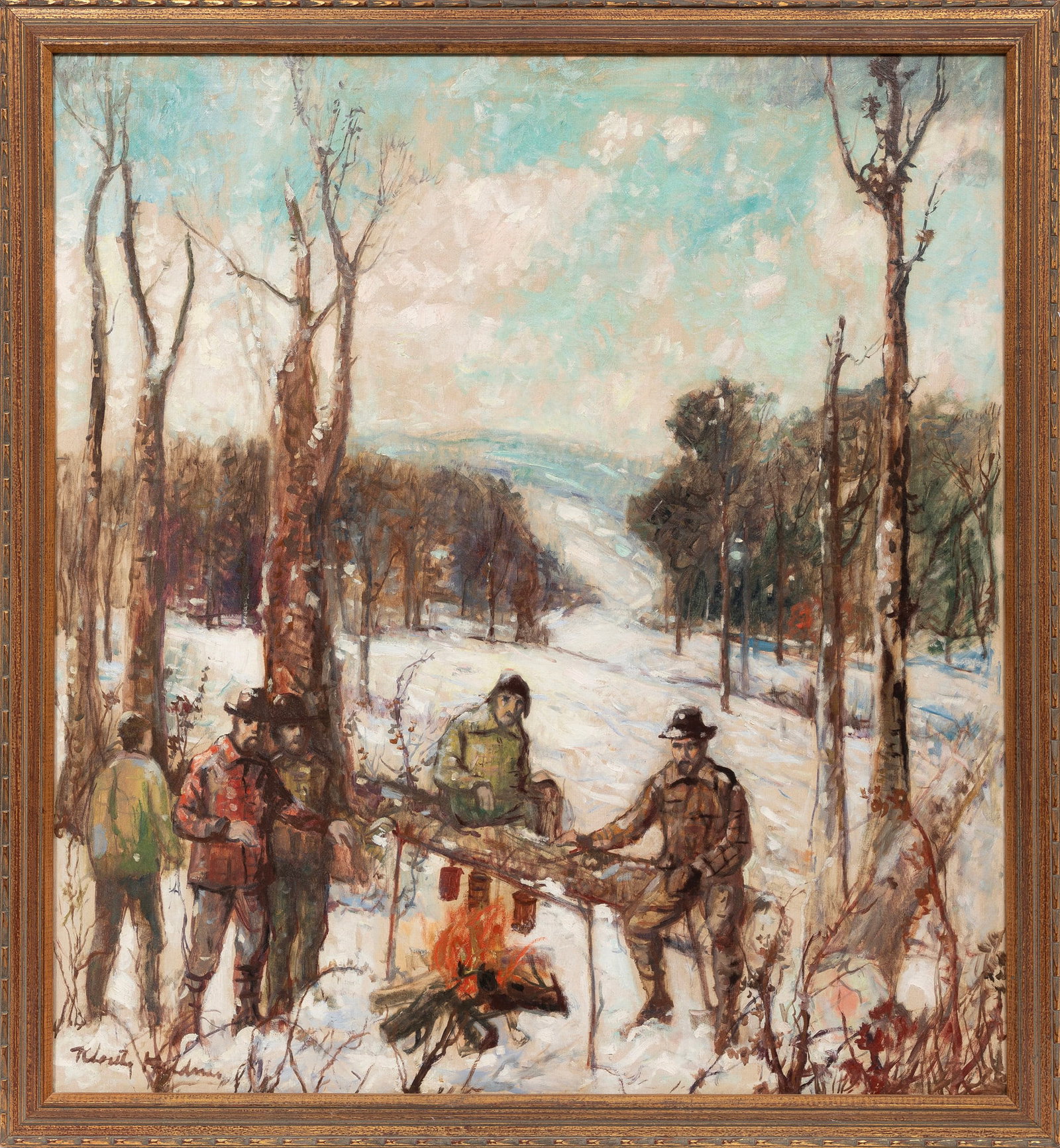 Important Knute Heldner, The Woodcutters (Self-Portrait of the Artist as Camp Cook), oil on canvas: Knute Heldner Swedish/Louisiana, 1877-1952 ?The Woodcutters (Self-Portrait of the Artist as Camp Cook)? oil on canvas signed lower left, "Tweed Museum of Art, Duluth, MN" exhibition label on reverse o