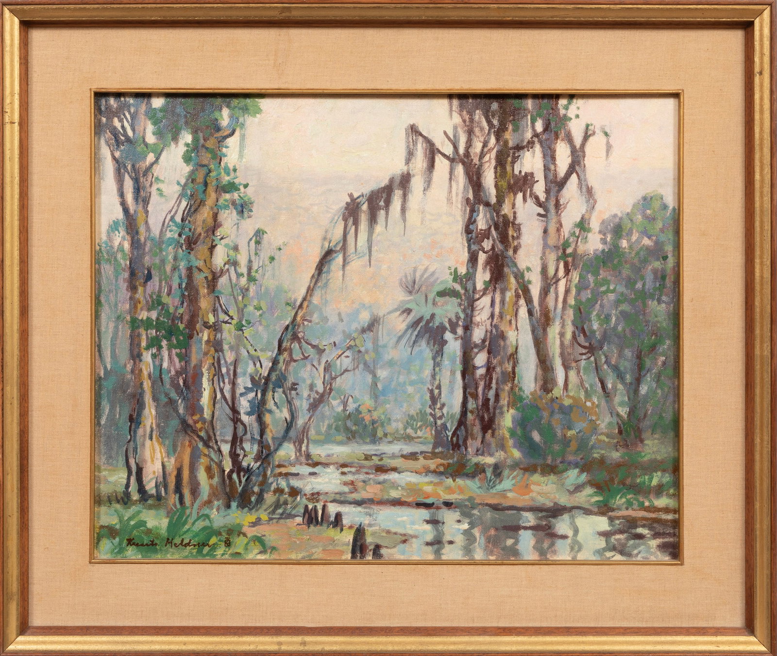 Knute Heldner, Louisiana Swampland, oil on canvas board: Knute Heldner Swedish/Louisiana, 1877-1952 ?Louisiana Swampland? oil on canvas board signed and monogrammed lower left, pencil-signed, titled and gallery label with artist en verso, framed. 15 7/8 x 2