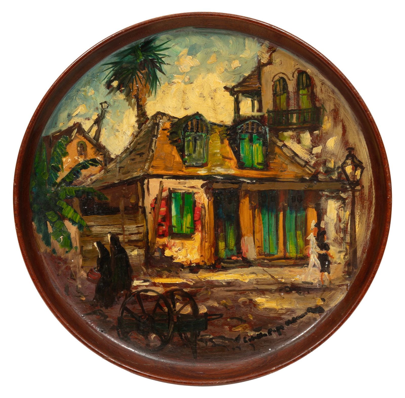 Colette Pope Heldner, Nuns Walking Past Lafitte's Blacksmith Shop, oil on wood plate: Colette Pope Heldner American/Louisiana, 1902-1990 "Nuns Walking Past Lafitte's Blacksmith Shop" oil on wood plate signed lower right, "Ben's Studio" label en verso, unframed. 13 7/8 x 14 1/8 x 1 5/8 