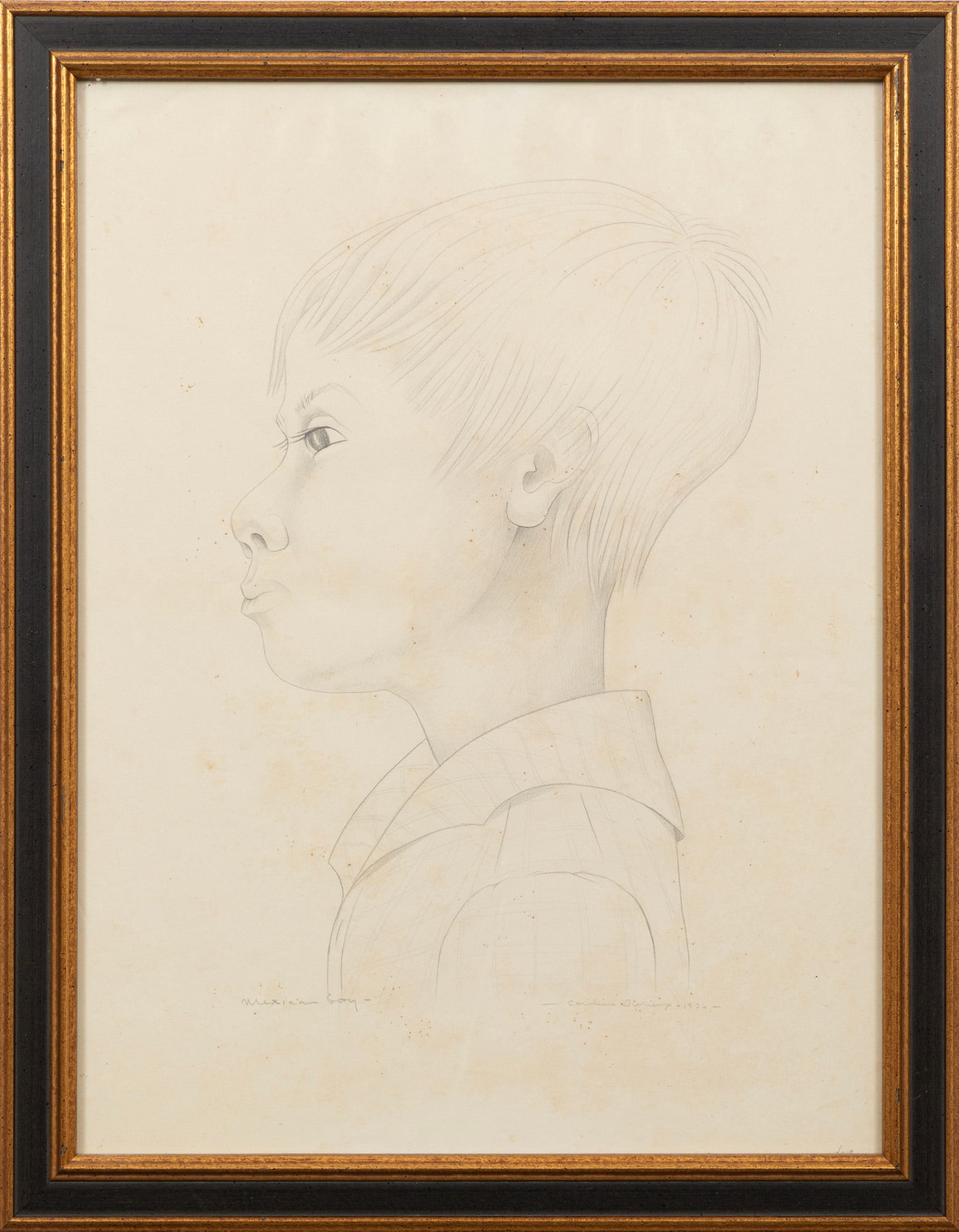 Caroline Durieux, Mexican Boy, 1936, graphite on paper: Caroline Wogan Durieux American/Louisiana, 1896-1989 "Mexican Boy" graphite on paper 1936, pencil-signed, dated and inscribed "dwg" lower right, titled lower left, handwritten label with artist, title