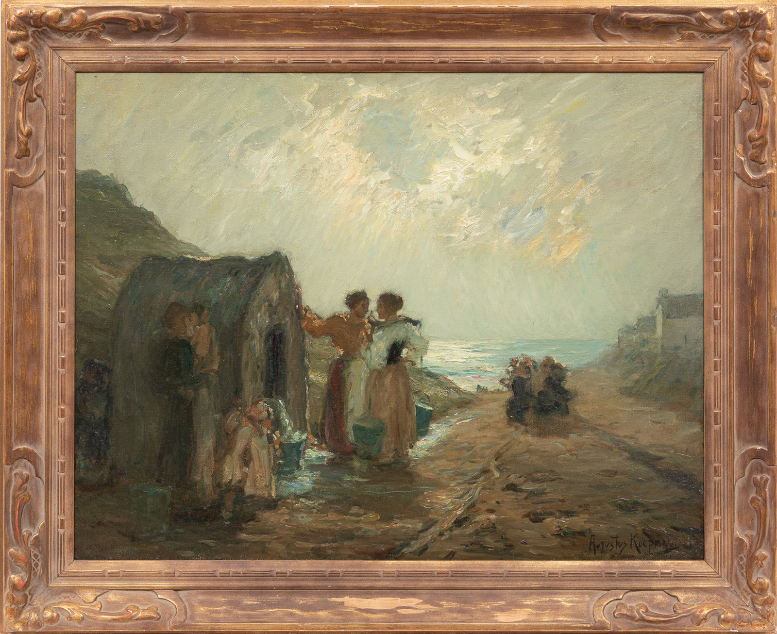 Augustus Koopman, Women by the Sea, oil on canvas: Augustus Koopman American/North Carolina, 1869-1914 "Women by the Sea" oil on canvas signed lower right, inscribed with artist on stretcher, framed. 28 1/4 x 36 in. (71.8 x 91.4 cm.), Frame: 35 5/8 x 
