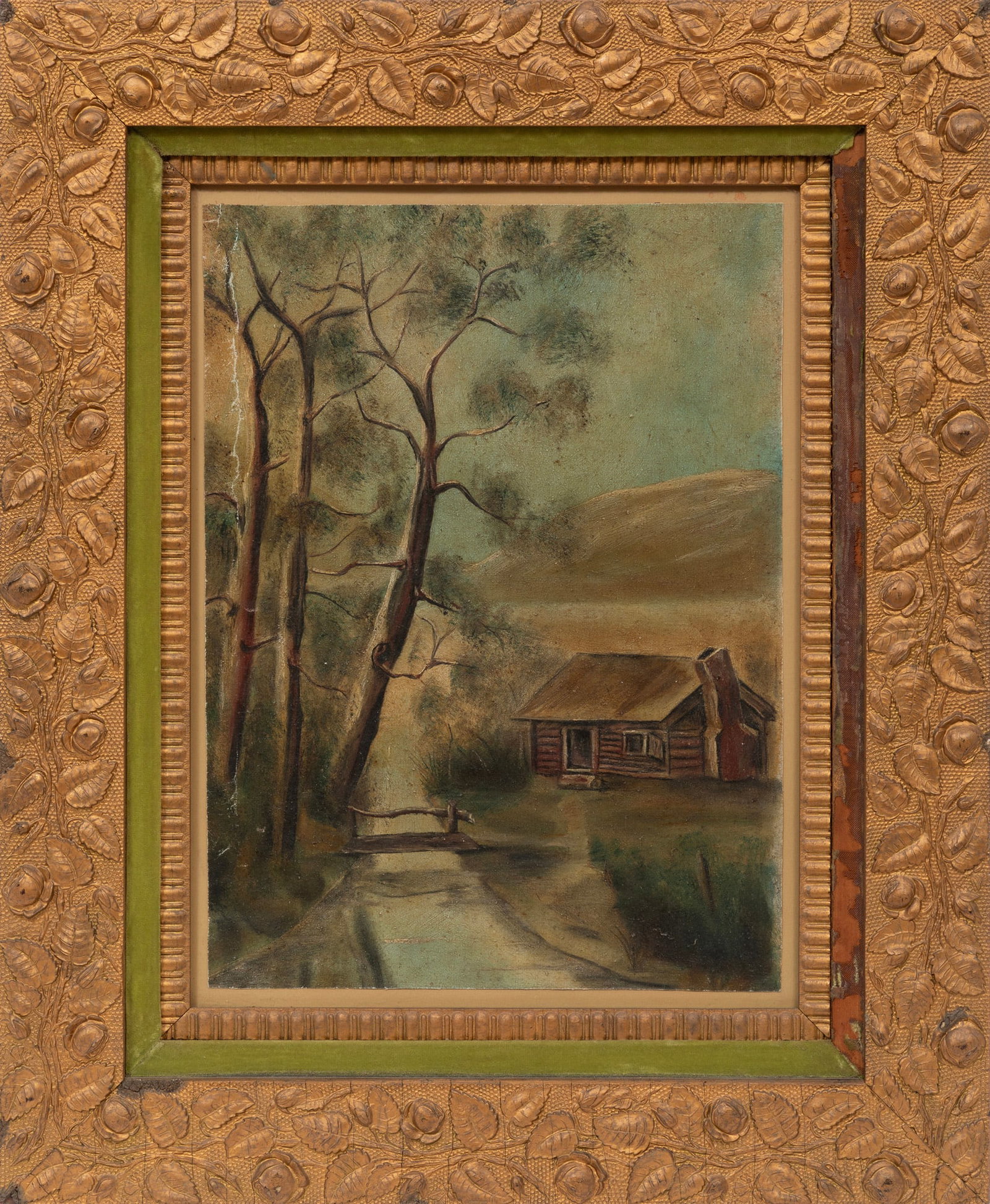 Attributed to John Kelly Fitzpatrick, Cabin on the Creek, oil on canvas laid on board: Attributed to John Kelly Fitzpatrick American/Alabama, 1888-1953 "Cabin on the Creek" oil on canvas laid on board unsigned, typed label with artist on reverse of frame, framed. 18 3/4 x 13 7/8 in. (47