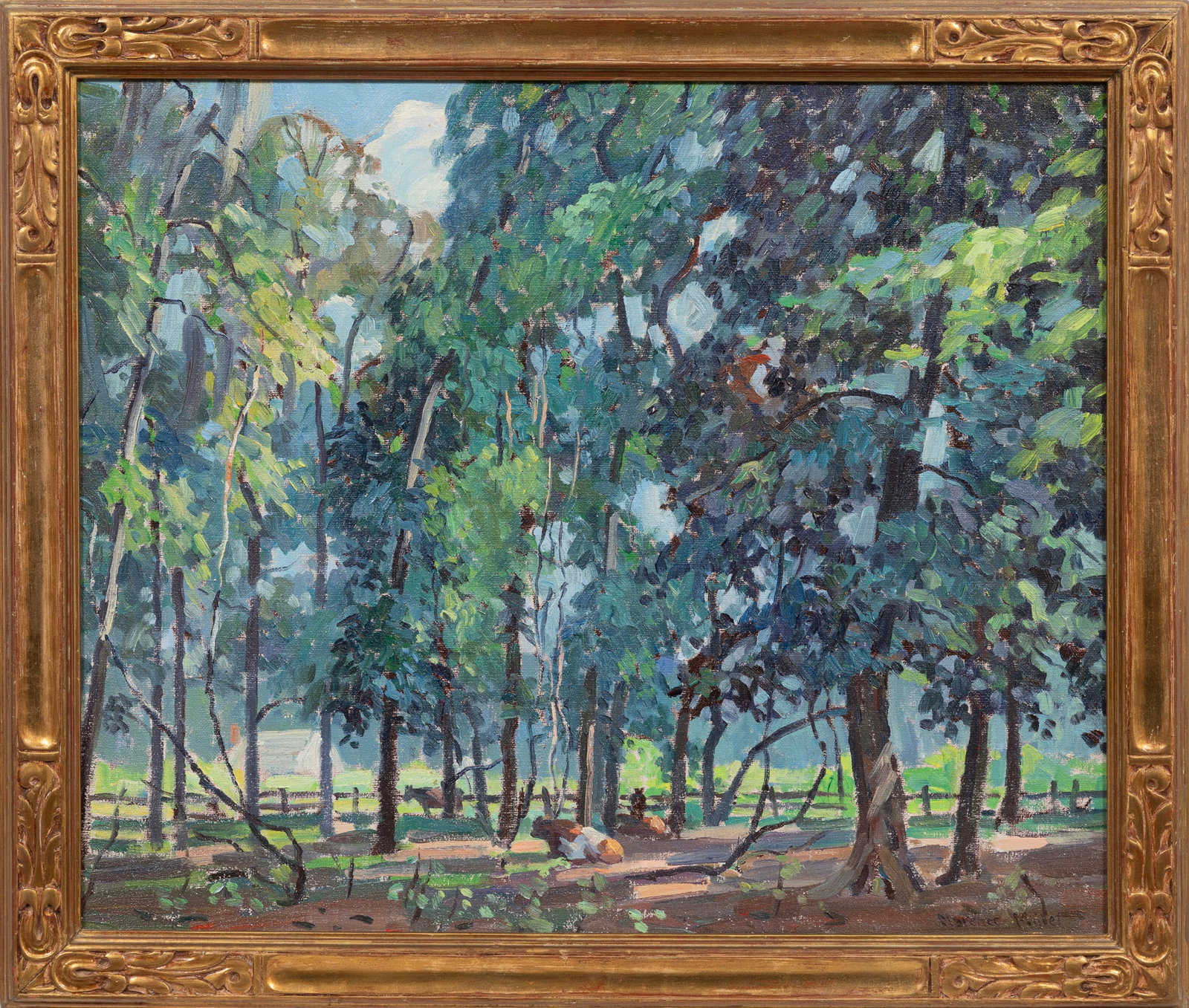 Clarence Millet, Woodland Pasture, oil on canvas: Clarence Millet American/Louisiana, 1897-1959 ?Woodland Pasture? oil on canvas signed lower right, signed and titled en verso, framed. 20 x 24 in. (50.8 x 61 cm.), Frame: 23 1/4 x 27 1/4 x 1 1/2 in. (