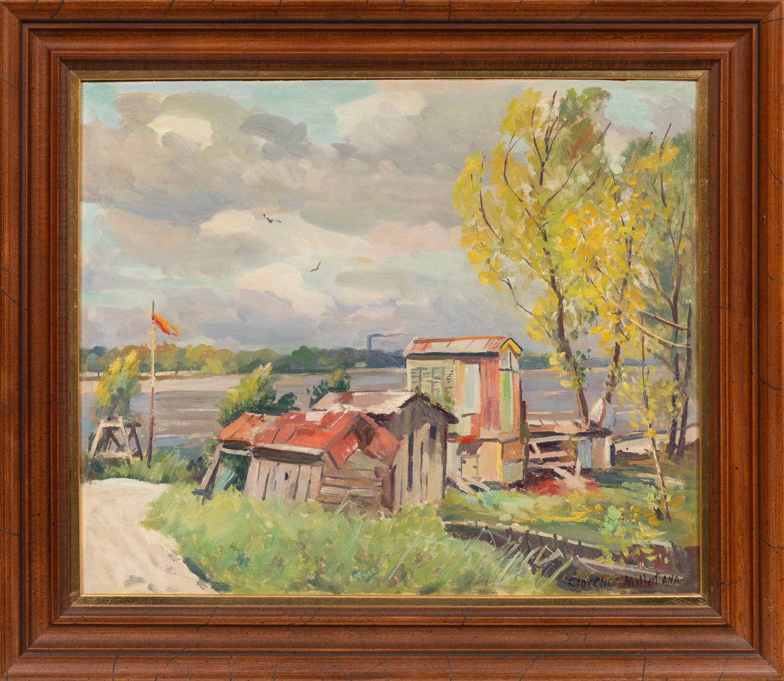 Clarence Millet, Fishing Camp along the River Batture, oil on canvas board: Clarence Millet American/Louisiana, 1897-1959 ?Fishing Camp along the River Batture? oil on canvas board signed lower right, framed. 14 3/4 x 17 7/8 in. (37.5 x 45.4 cm.), Frame: 19 1/4 x 22 1/2 x 1 1
