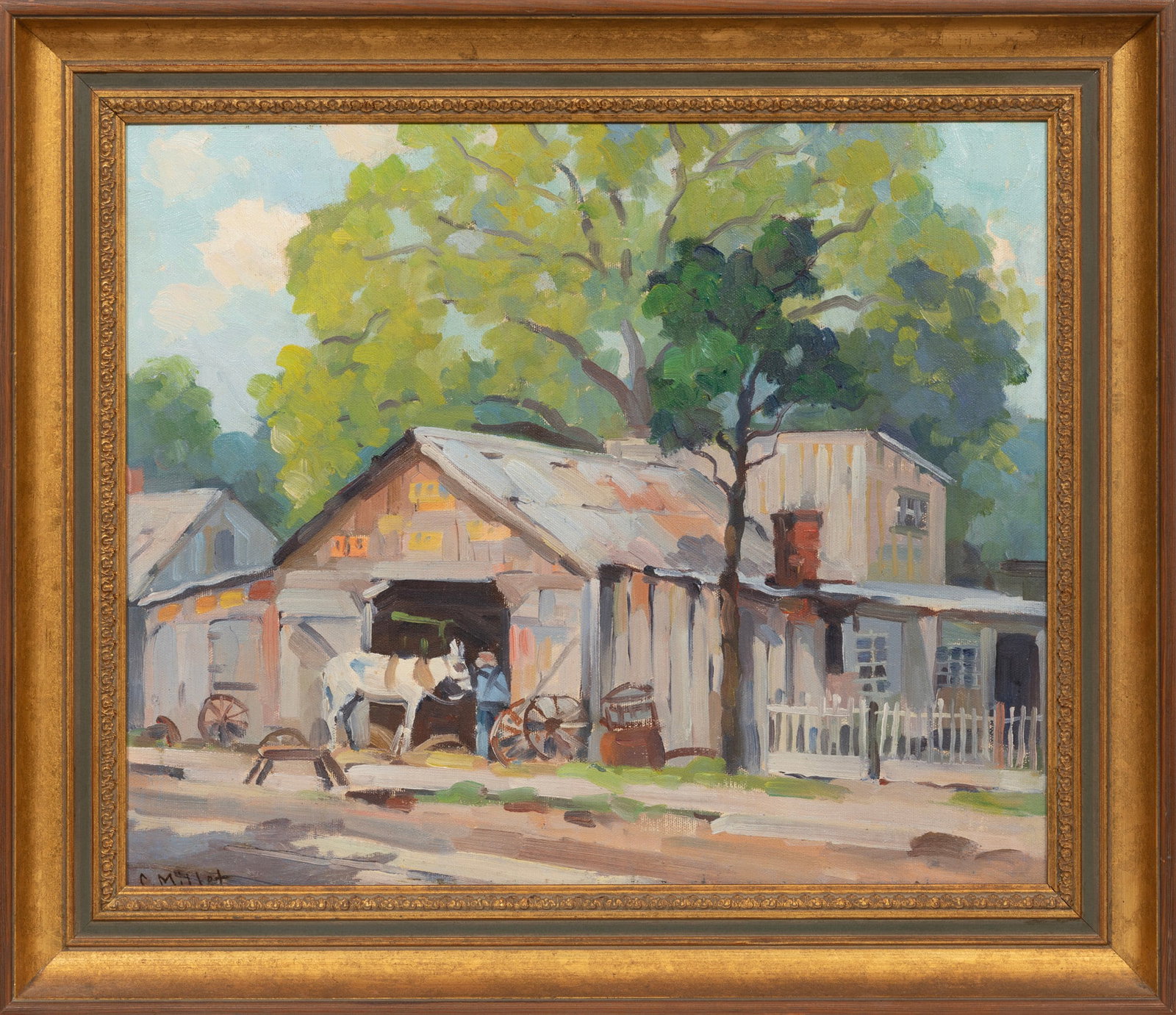 Clarence Millet, Old Blacksmith Shop, St. Martinville, LA, oil on canvas board: Clarence Millet American/Louisiana, 1897-1959 ?Old Blacksmith Shop, St. Martinville, LA? oil on canvas board signed lower left, twice inscribed with artist and title on backing paper, framed. 14 3/4 x