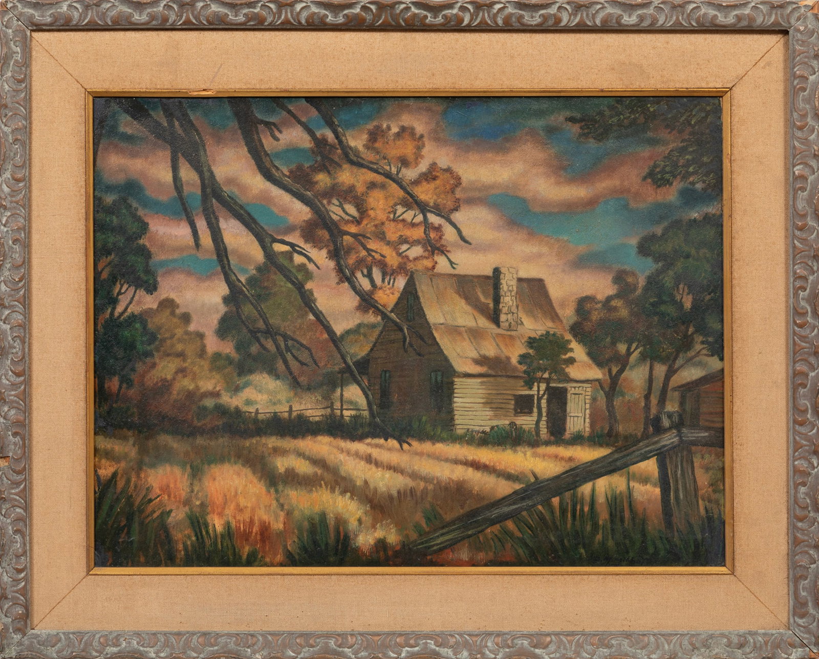 Oliver Mithoff, Louisiana Farmhouse, oil on board: Oliver M. Mithoff American/Louisiana, 1922-2020 "Louisiana Farmhouse" oil on board 1948, signed and dated lower right, partial sketch en verso, framed. Provenance: Acquired from the artist. Not