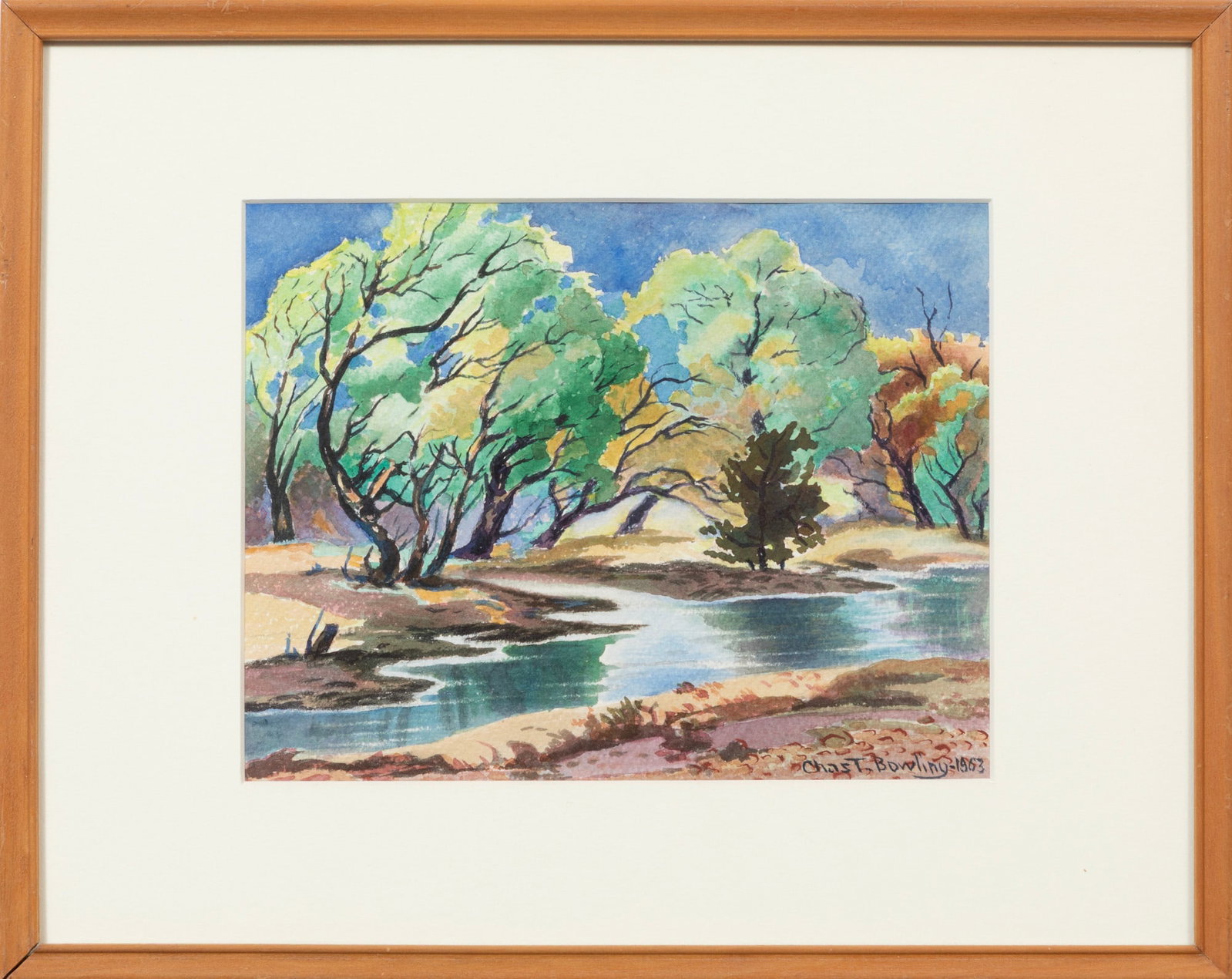 Charles T. Bowling, The Quiet Pond - Spring, 1963, watercolor: Charles T. Bowling American/Texas, 1891-1985 "The Quiet Pond - Spring" watercolor on Arches paper 1963, signed and dated lower right, titled and inscribed on backing, framed. Provenance: Neal Auction,