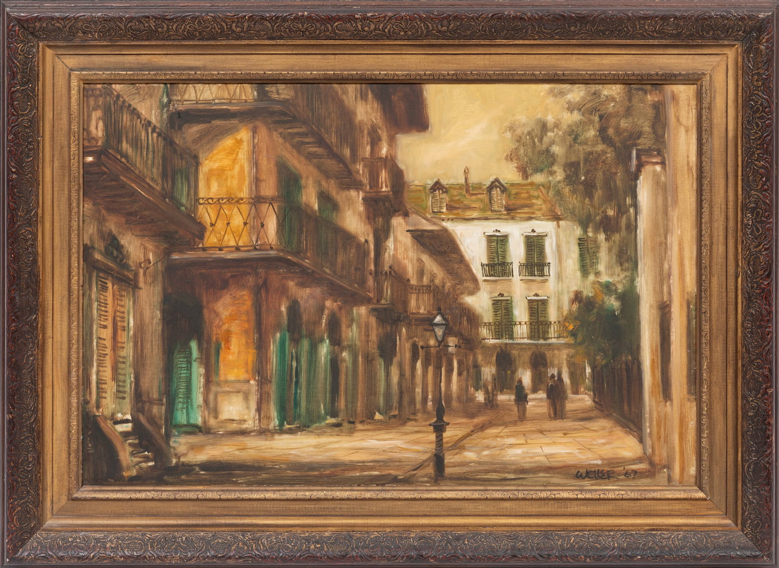 Dell Weller, Pirate's Alley, 1967, oil on masonite: Dell Weller American/Louisiana, 1927-2017 "Pirate's Alley" oil on masonite 1967, signed and dated lower right, artist obituary taped to backing, framed. 20 x 30 in. (50.8 x 76.2 cm.), Frame: 27 3/8 x 