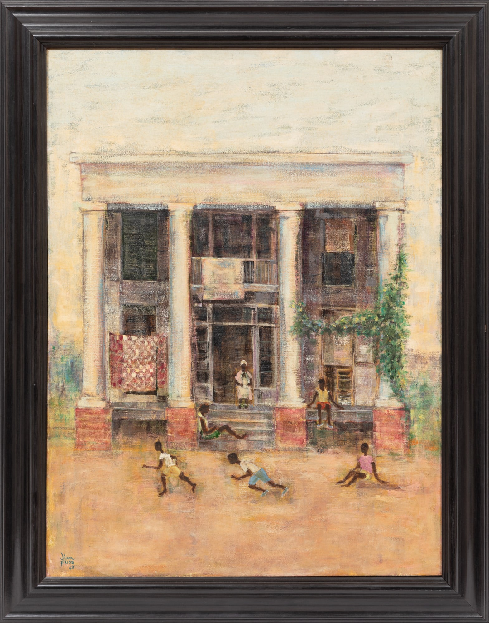 Jim Frederic Fuss, A Summer Morning, 1969, acrylic-vinyl copolymer paint on canvas: Jim Frederic Fuss American/Georgia, 20th c. "A Summer Morning" acrylic-vinyl copolymer paint on canvas 1969, signed and dated lower left, signed and dated on cardboard and artist business card with ti