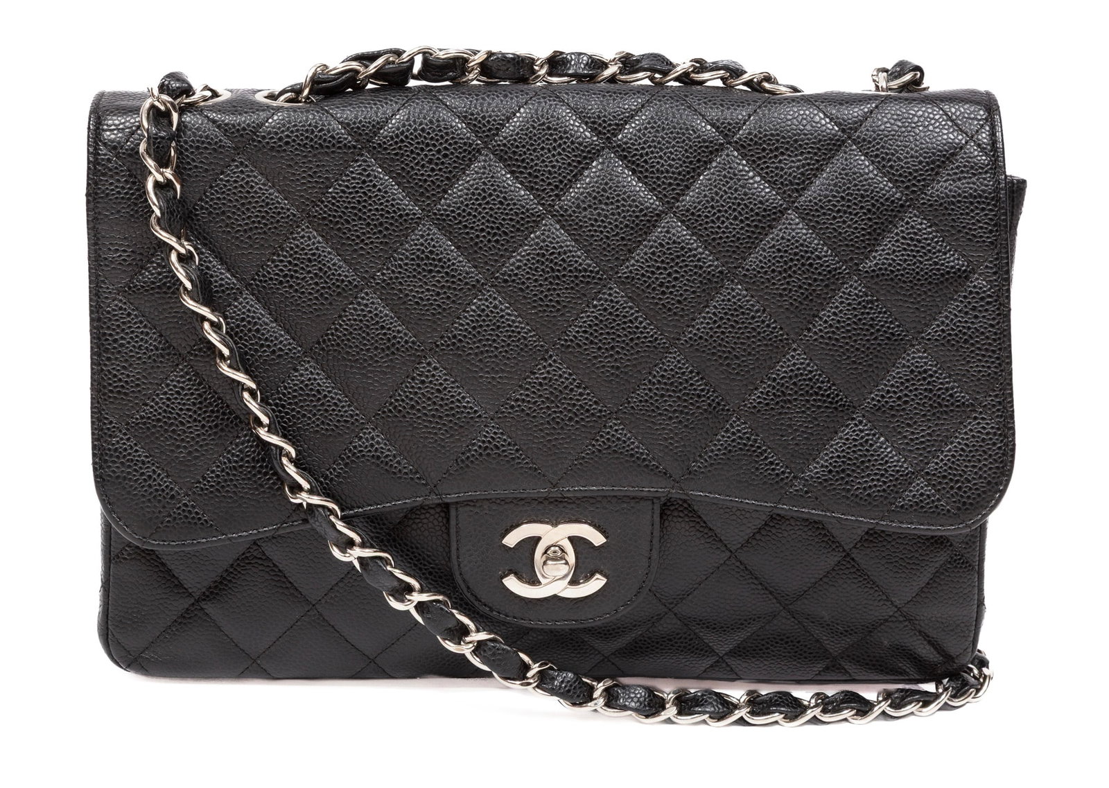 Vintage Chanel Jumbo Single Flap Bag in Quilted Black Caviar Leather: Vintage Chanel Jumbo Single Flap Bag in Quilted Black Caviar Leather c. 2006-08, Karl Lagerfeld, silver-tone hardware, serial sticker and card 1146994, h. 8 in., w. 12 in., d. 3 1/2 in.; adjustable ch