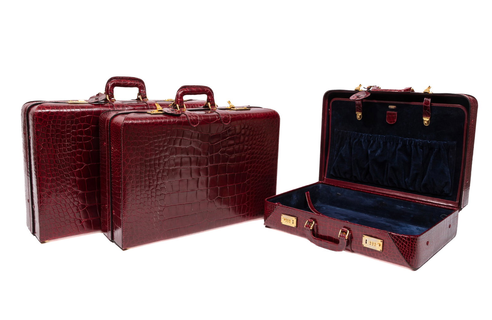 Three Vintage Mappin & Webb London Maroon Crocodile Leather Suitcases (1 of 10)