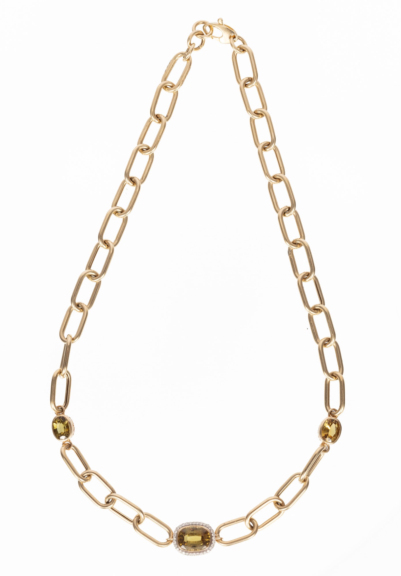 14 kt. Yellow Gold, Chrysoberyl and Diamond Chain Link Necklace: 14 kt. Yellow Gold, Chrysoberyl and Diamond Chain Link Necklace mounted with 3 oval brilliant faceted cut yellowish green chrysoberyl, total wt. approx. 7.61 cts.; and 0.26 ct. of round brilliant cut 